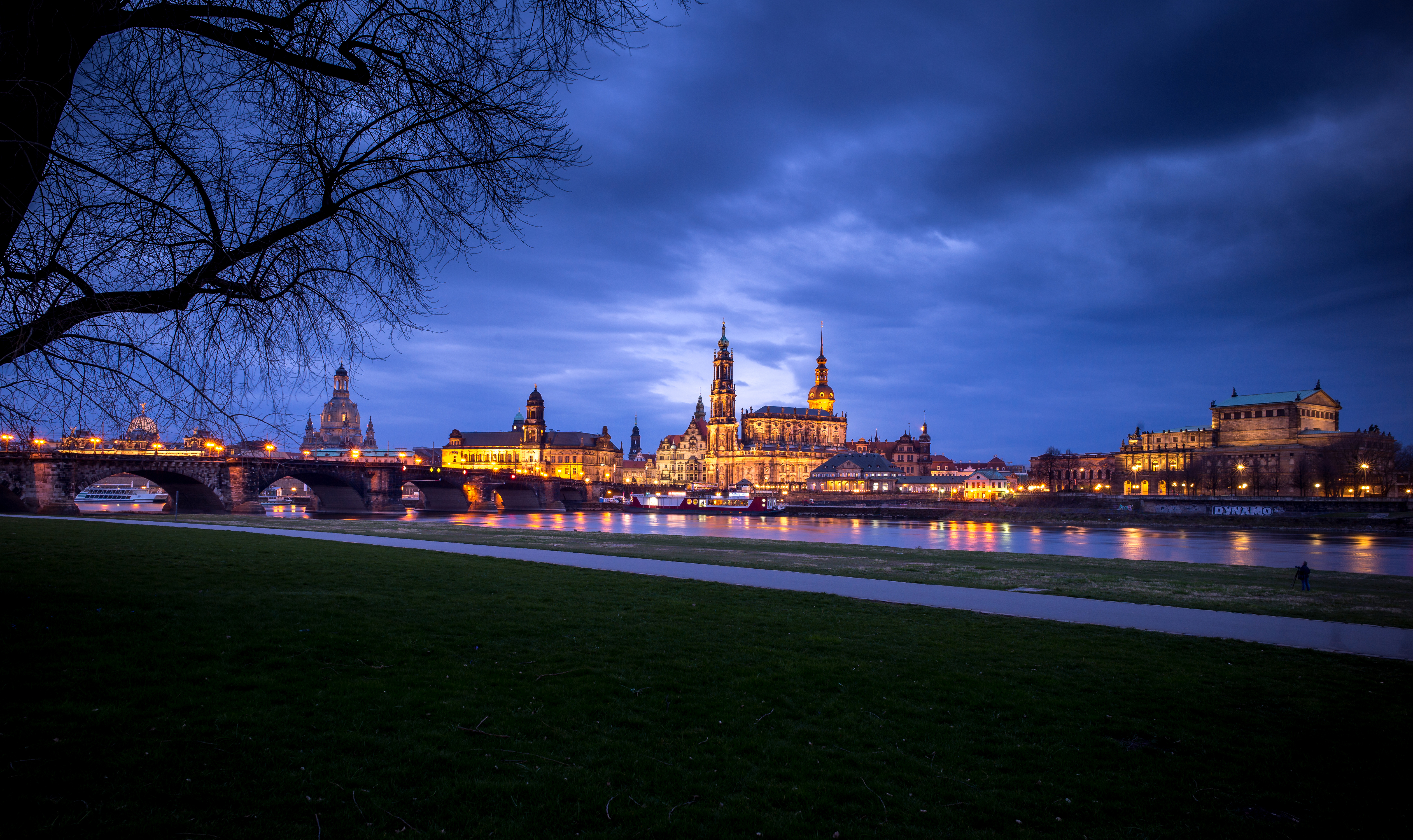 man made, dresden, building, city, germany, grass, night, river, cities lock screen backgrounds