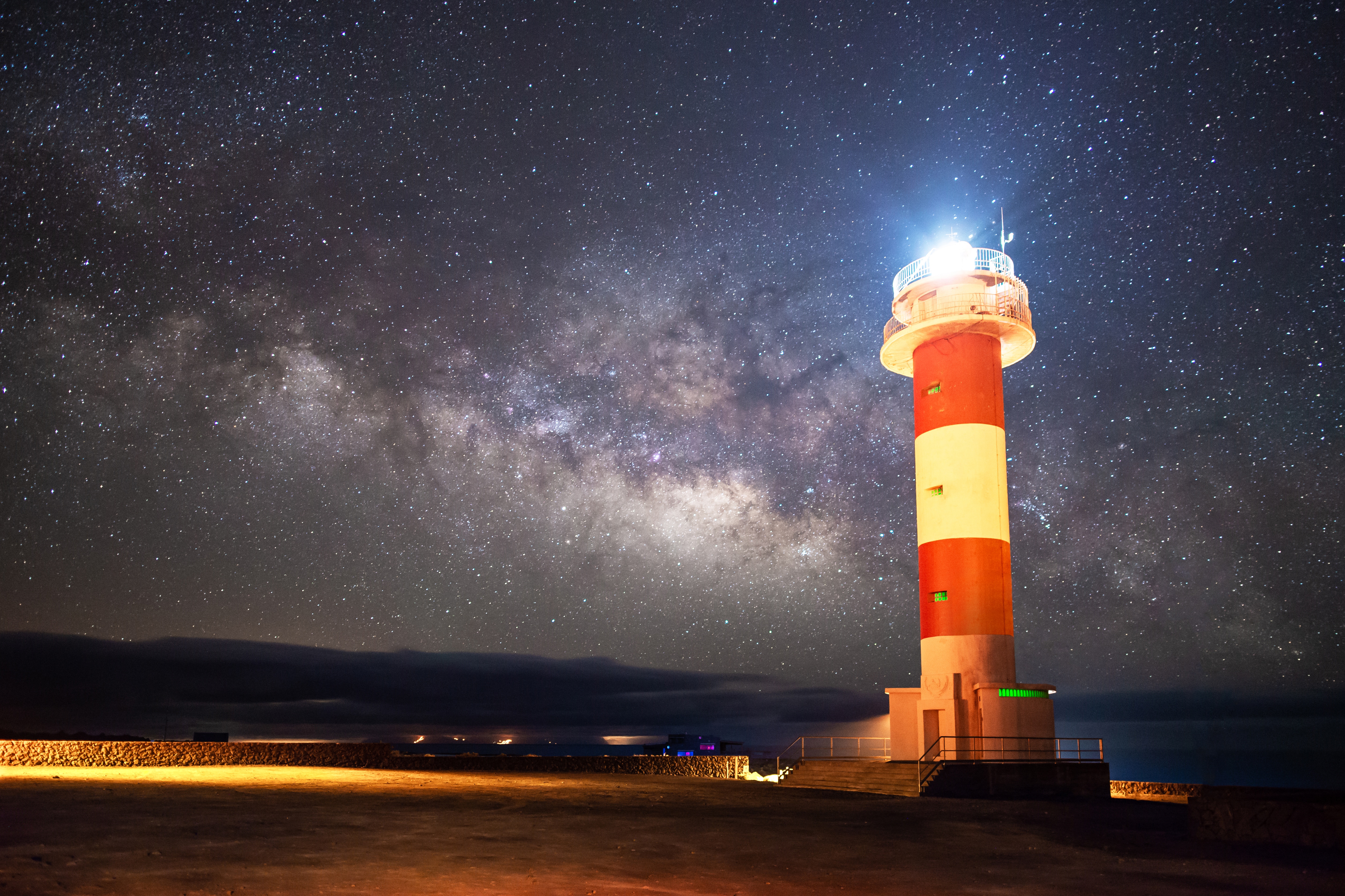 Download mobile wallpaper Shore, Bank, Nature, Lighthouse, Night, Starry Sky, Milky Way for free.