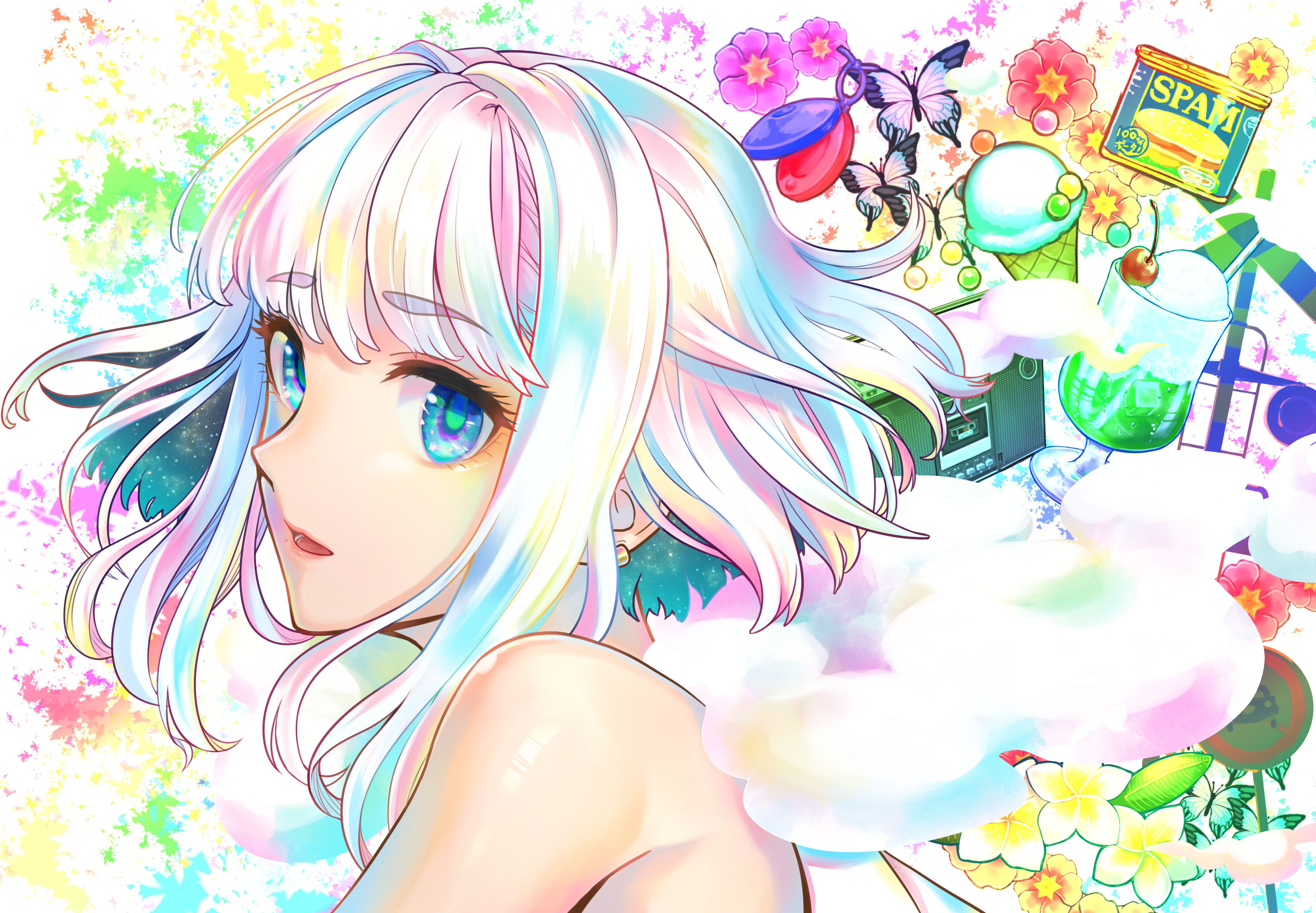 anime, original, blue eyes, butterfly, earrings, flower, ice cream, radio, short hair, white hair