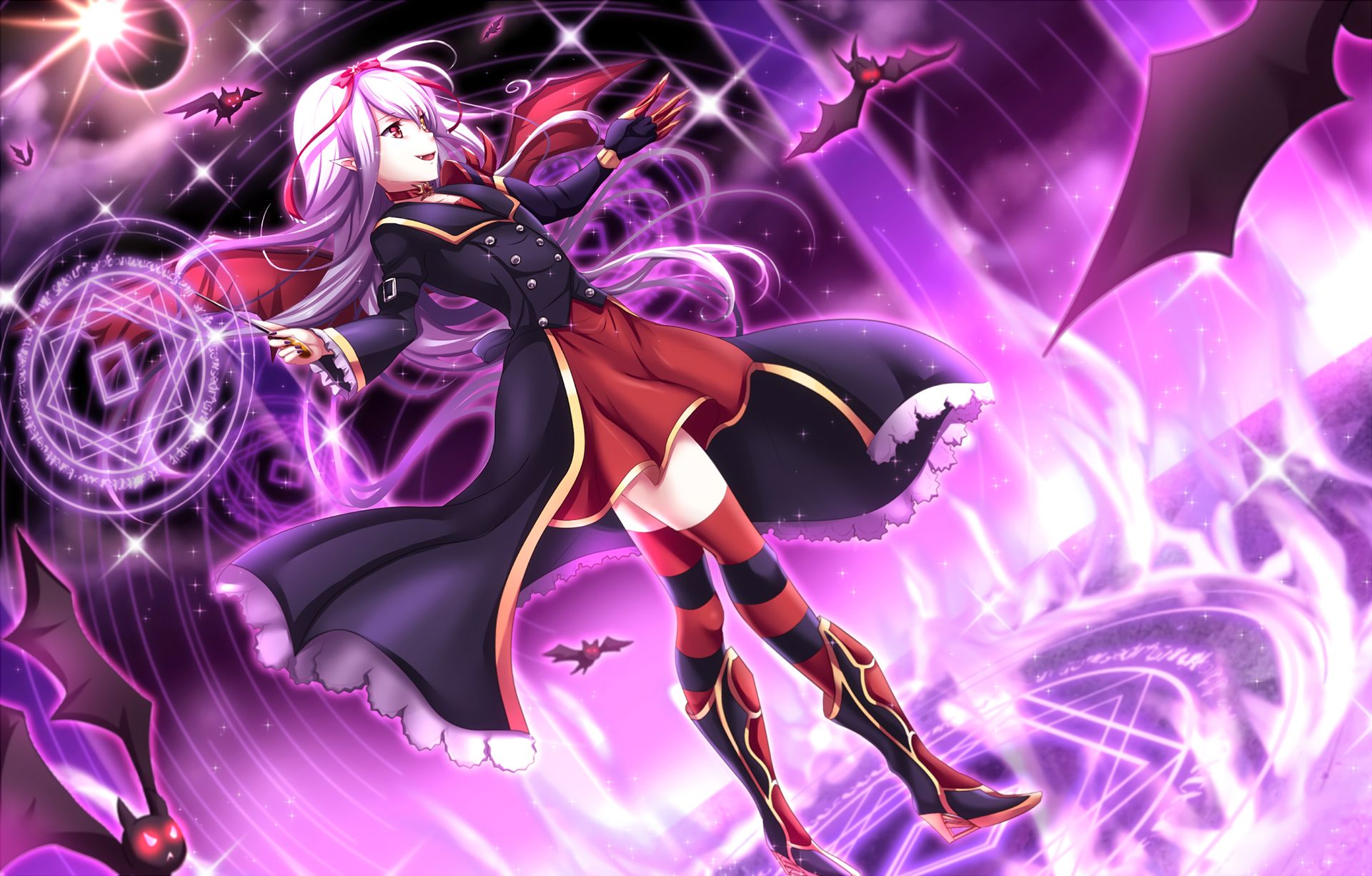 Download mobile wallpaper Anime, Magic, Boots, Coat, Bat, Skirt, Vampire, Original, Red Eyes, Long Hair, Pointed Ears, Thigh Highs, Purple Hair for free.