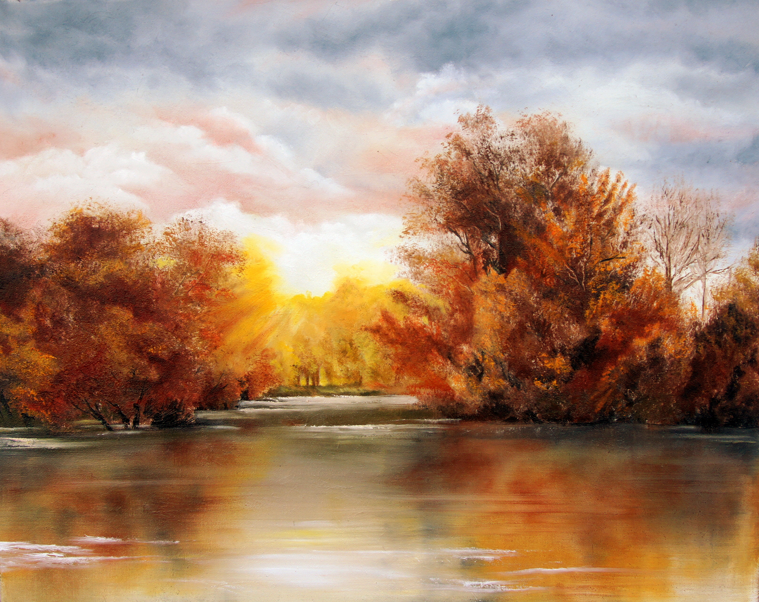 Скачать картинку Природа, Осень, Озеро, Дерево, Картина, Художественные в телефон бесплатно.