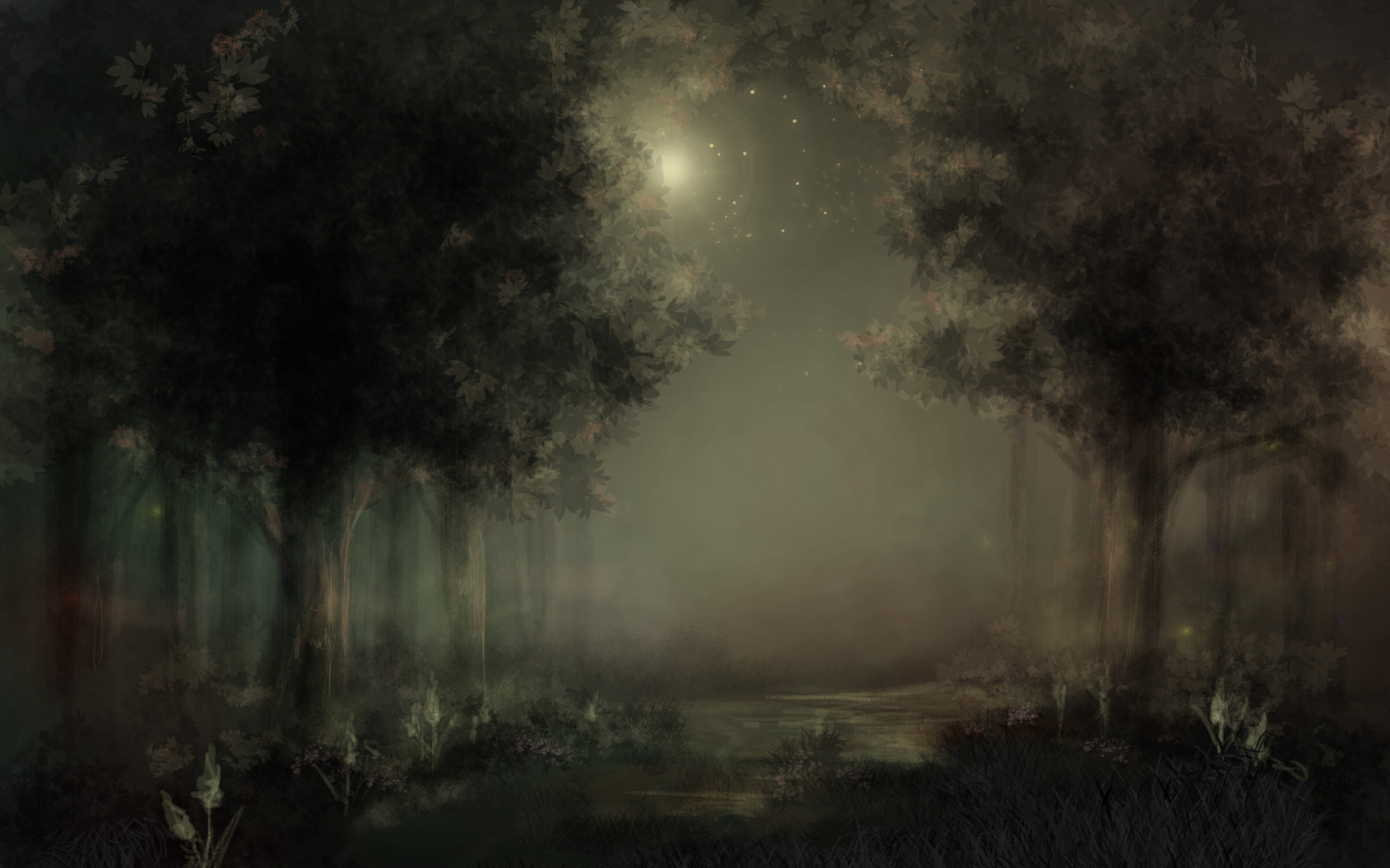 Мрачный лес в тумане арт