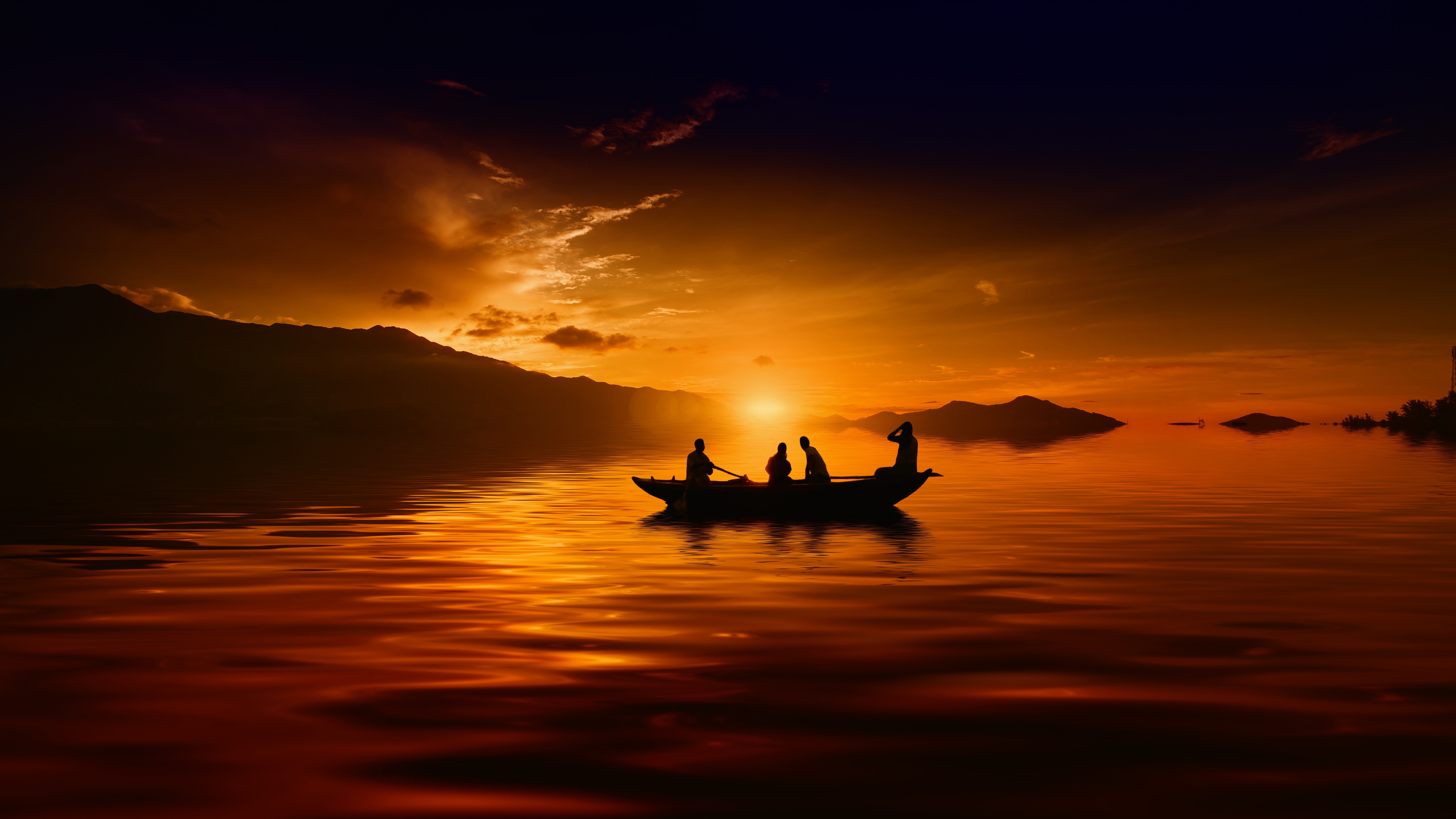 silhouette, sunset, vehicles, canoe, lake