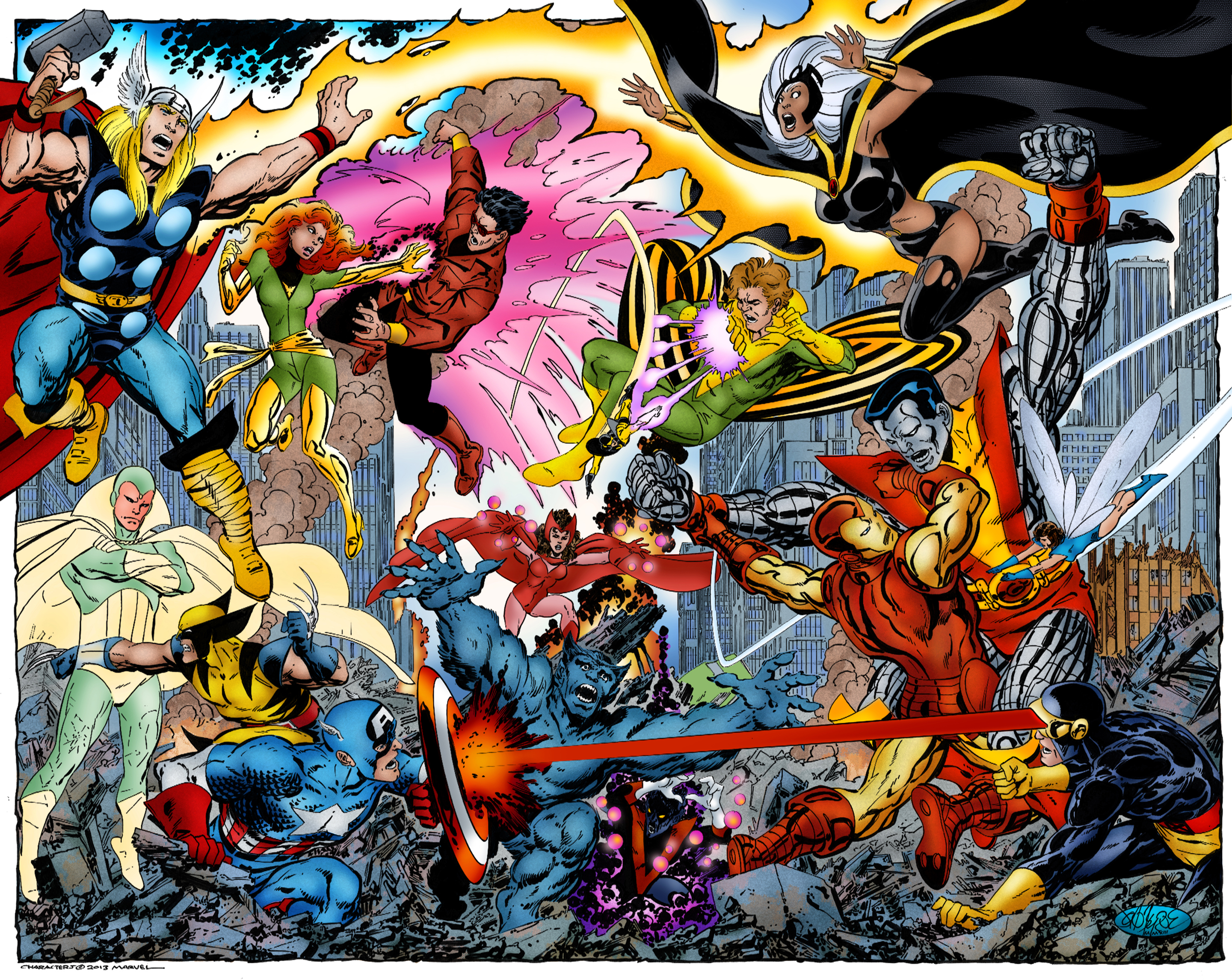 comics, avengers vs x men, avengers, banshee (marvel comics), beast (marvel comics), captain america, colossus, cyclops (marvel comics), iron man, janet van dyne, jean grey, nightcrawler (marvel comics), ororo munroe, phoenix (marvel comics), scarlet witch, storm (marvel comics), thor, vision (marvel comics), wanda maximoff, wasp (marvel comics), wolverine, wonder man, x men 5K