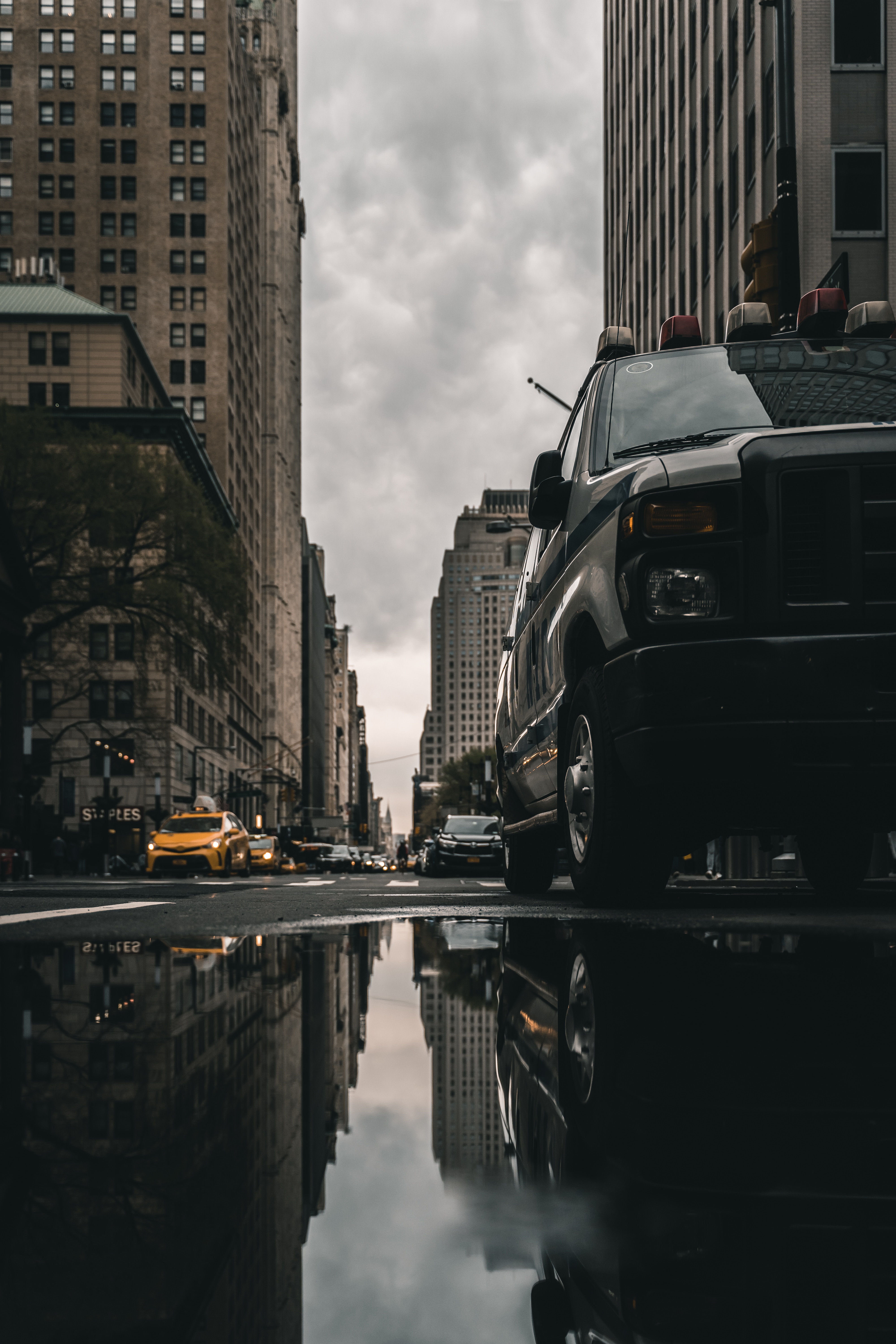 reflection, asphalt, street, cities, building, cars, puddle