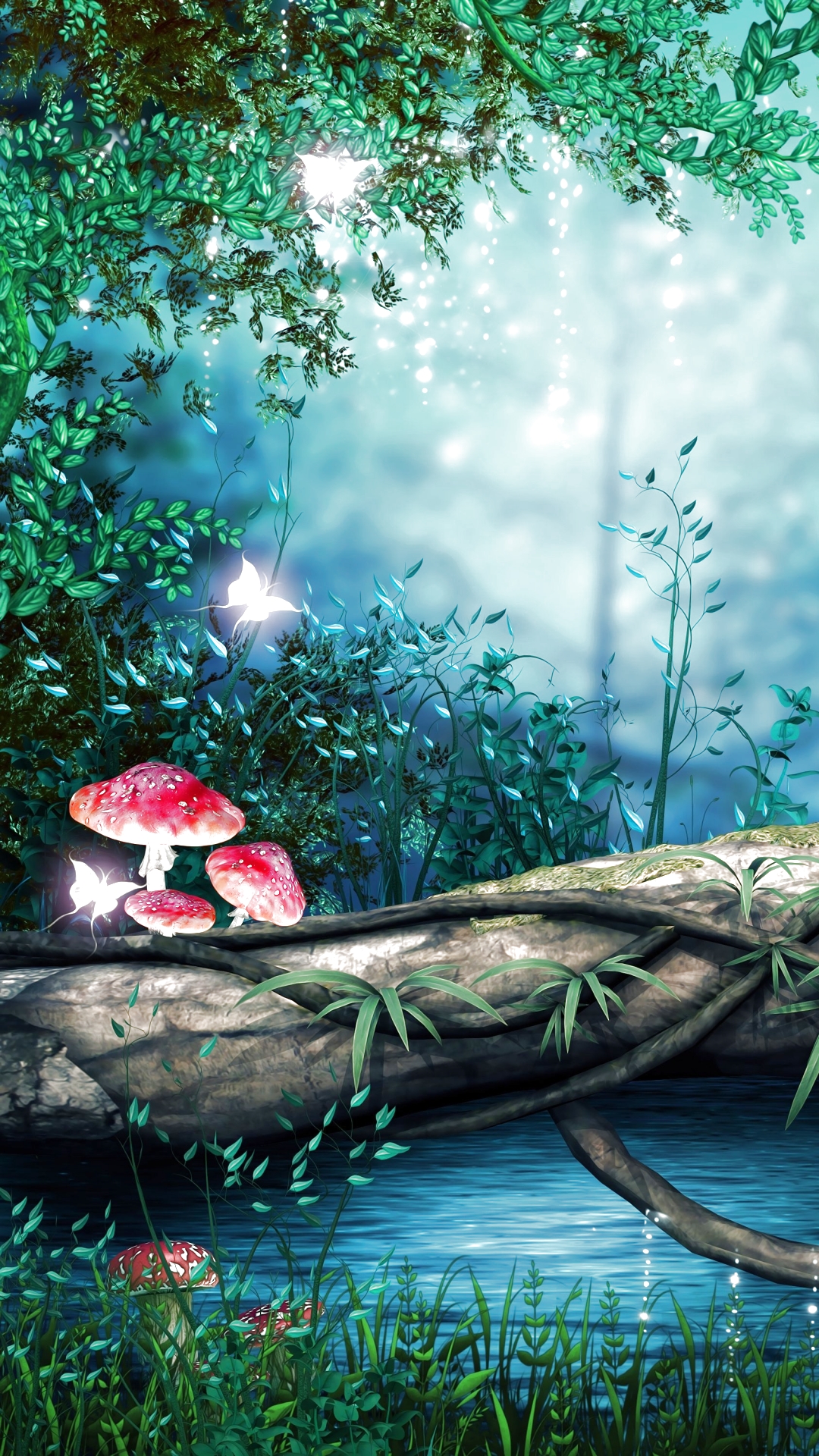 mushroom, mystic, moon, fantasy, forest, butterfly, log