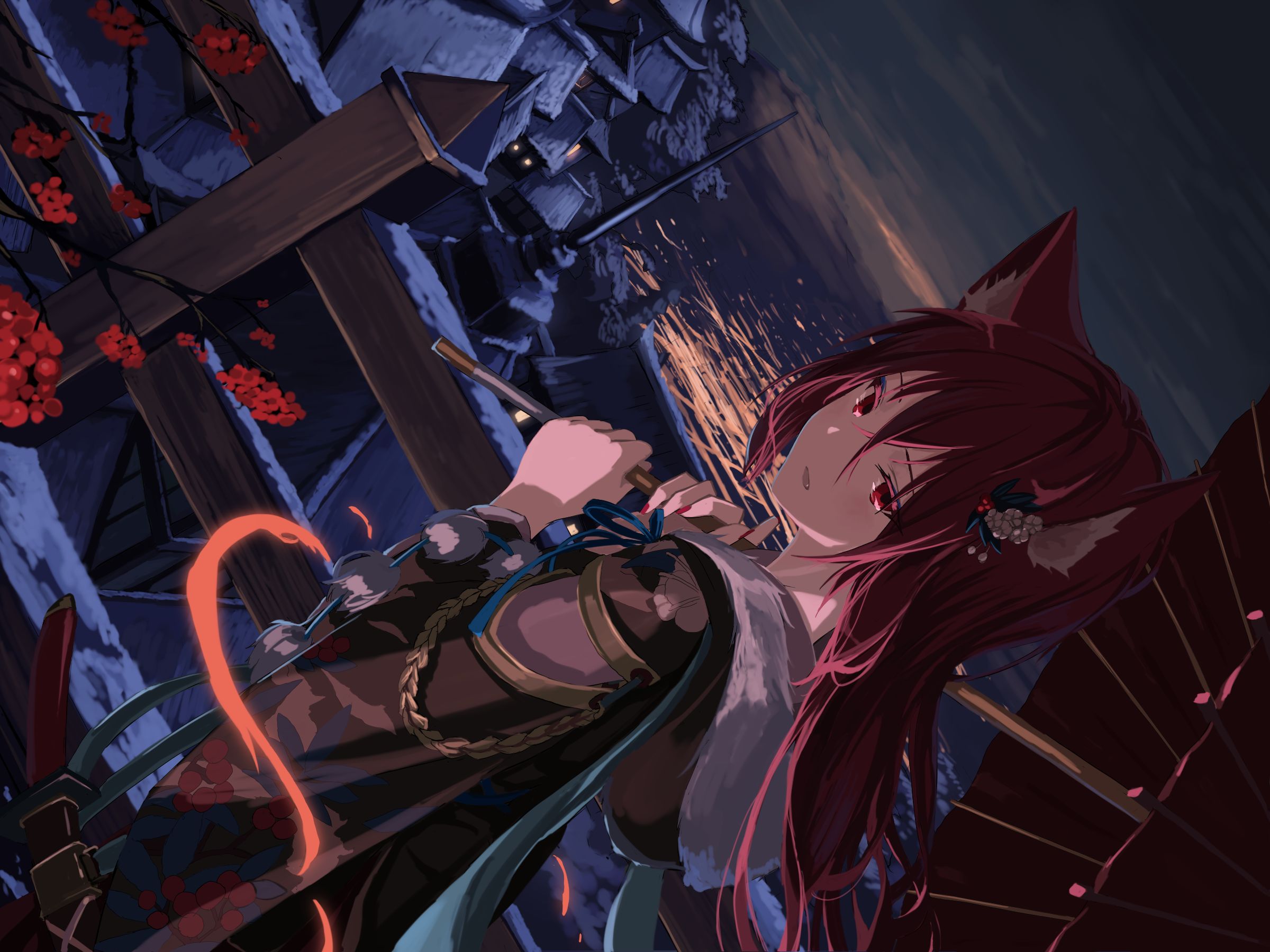 anime, original, animal ears, building, cat girl, japanese clothes, long hair, red eyes, red hair, sword, umbrella, water, weapon