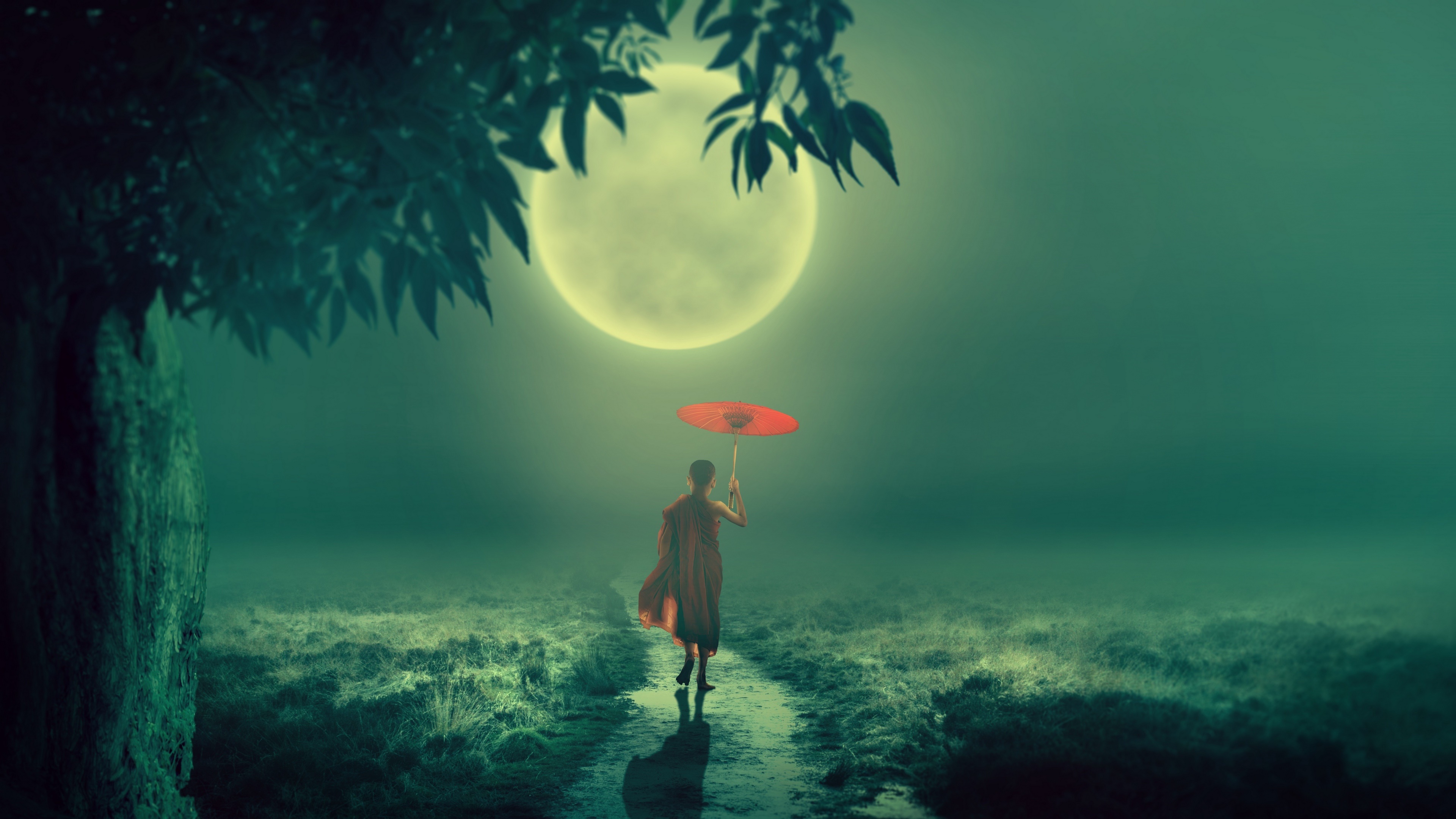full moon, monk, fantasy, child, umbrella