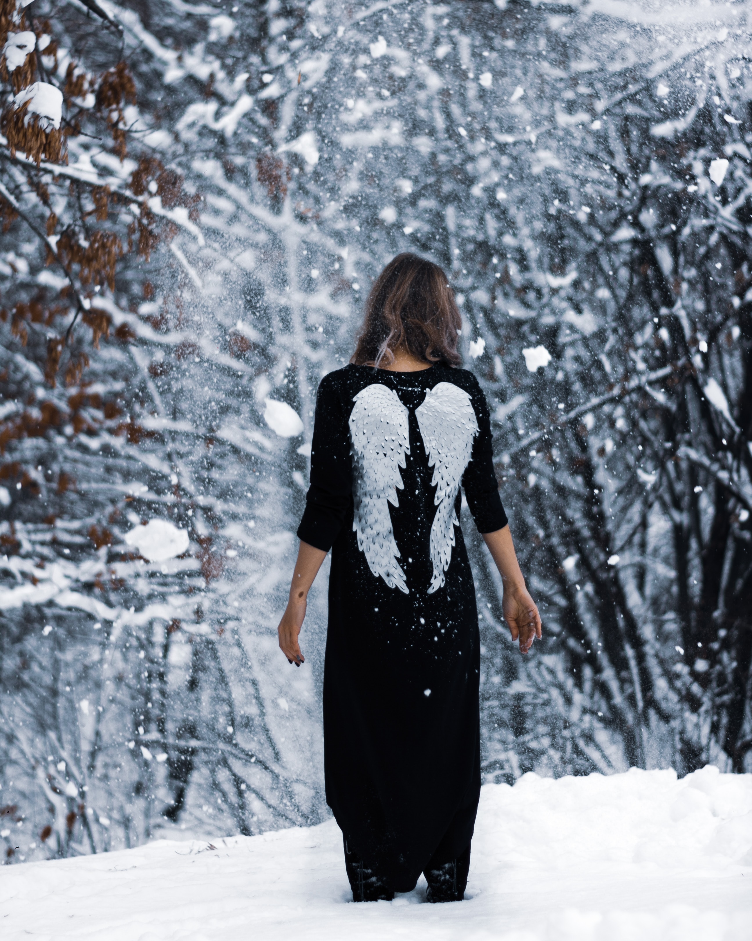 Download mobile wallpaper Forest, Miscellanea, Winter, Miscellaneous, Wings, Angel, Garden, Girl for free.