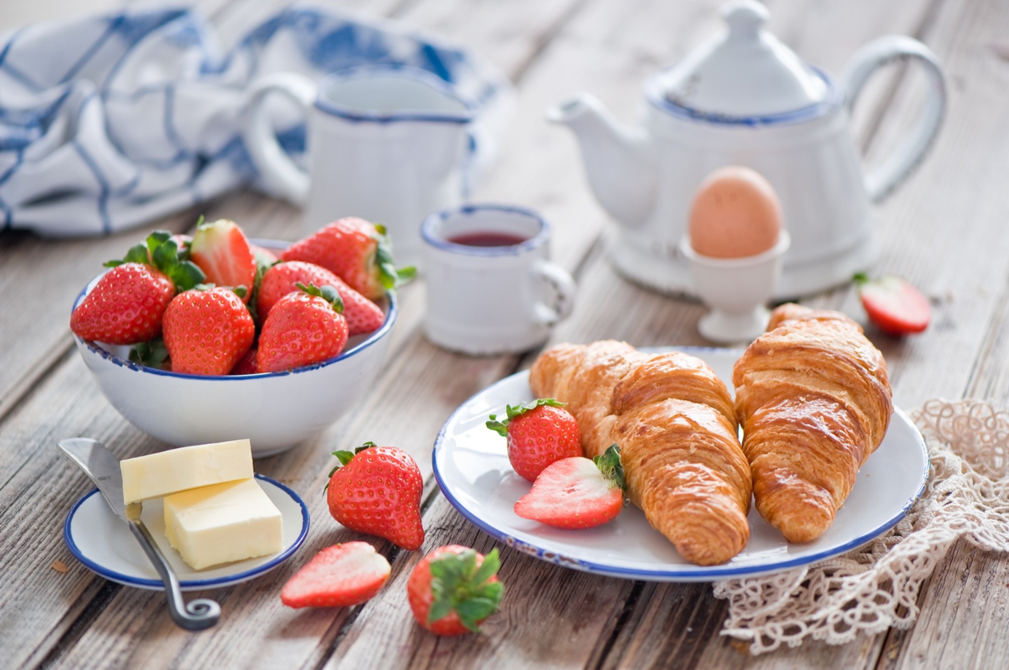 breakfast, food, strawberry, croissants, tablewares, egg, butter, oil HD wallpaper