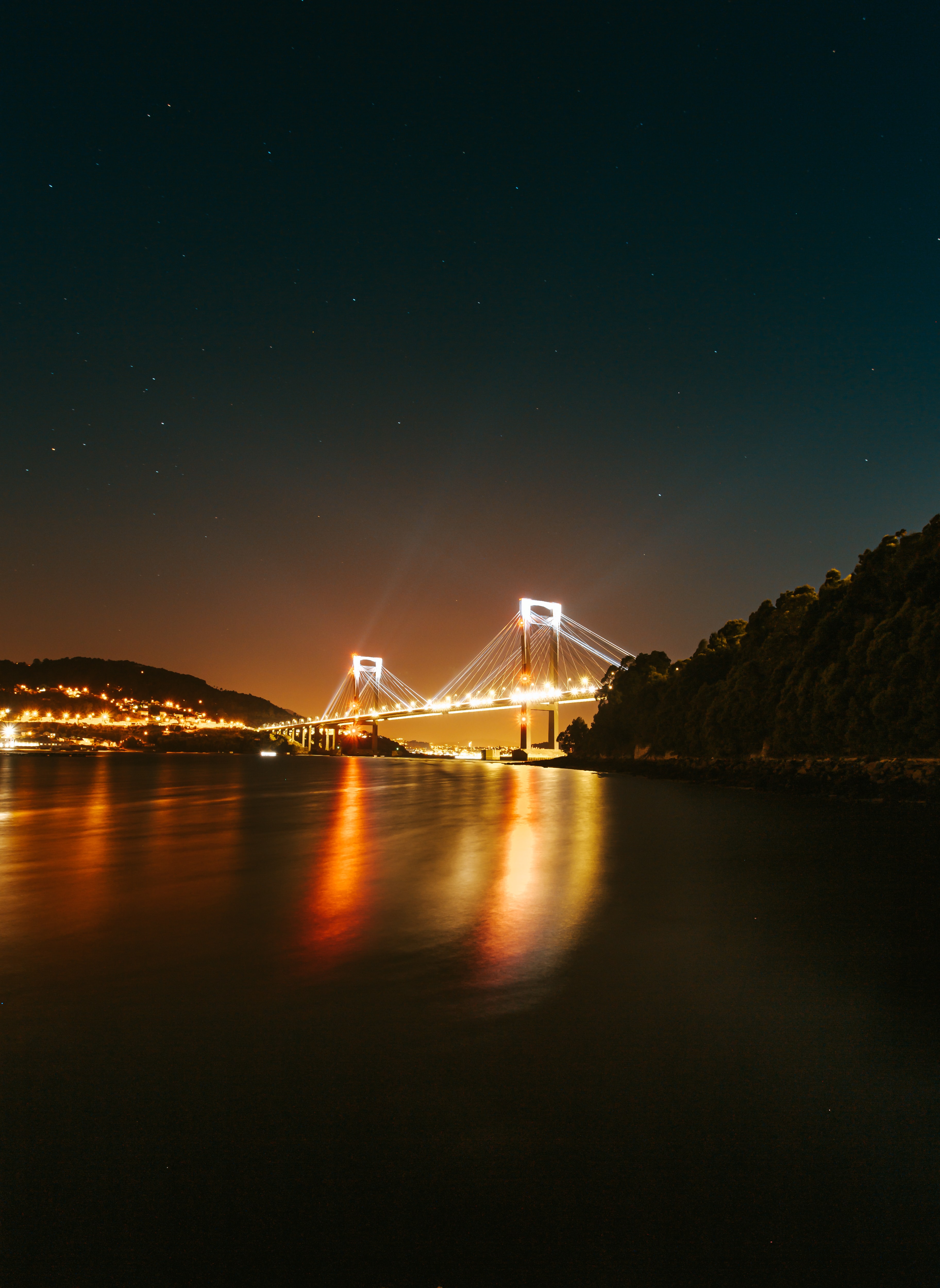 Download mobile wallpaper Bridge, Nature, Lights, Sea, Night, Glow for free.