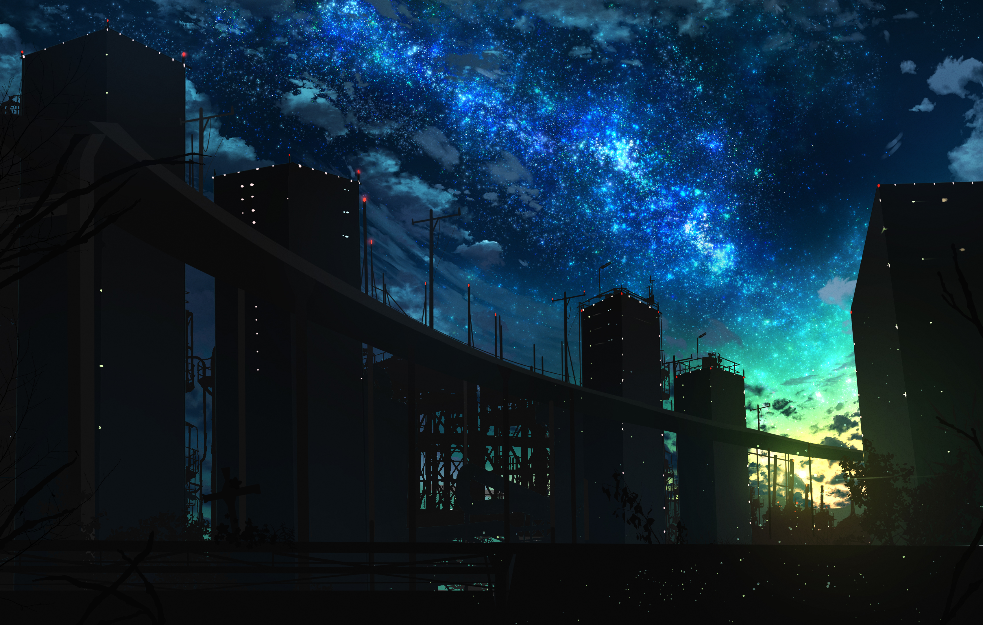 art, nebula, silhouette, night, building, bridge phone background