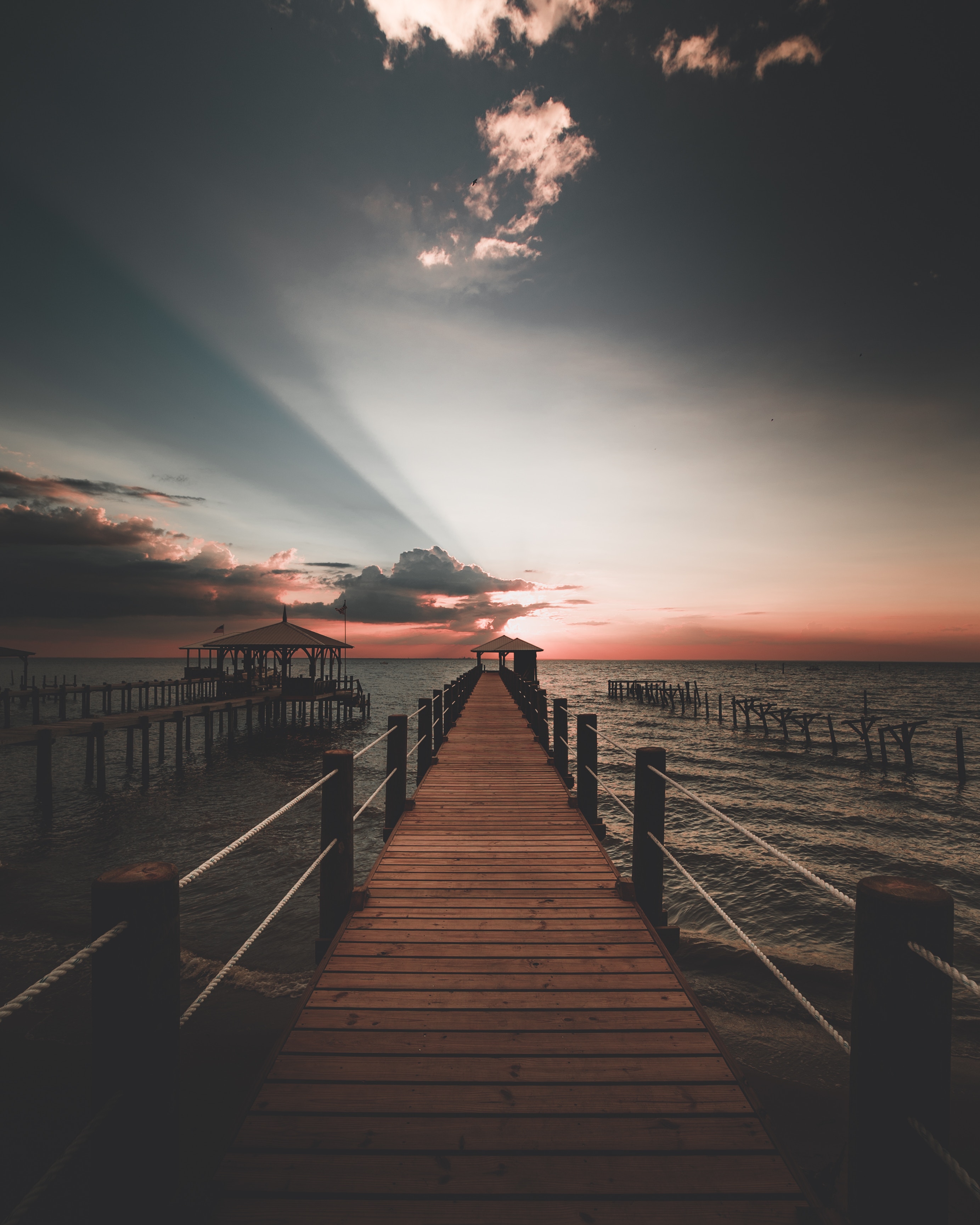 sunset, nature, pier, united states, point clear, usa, bay