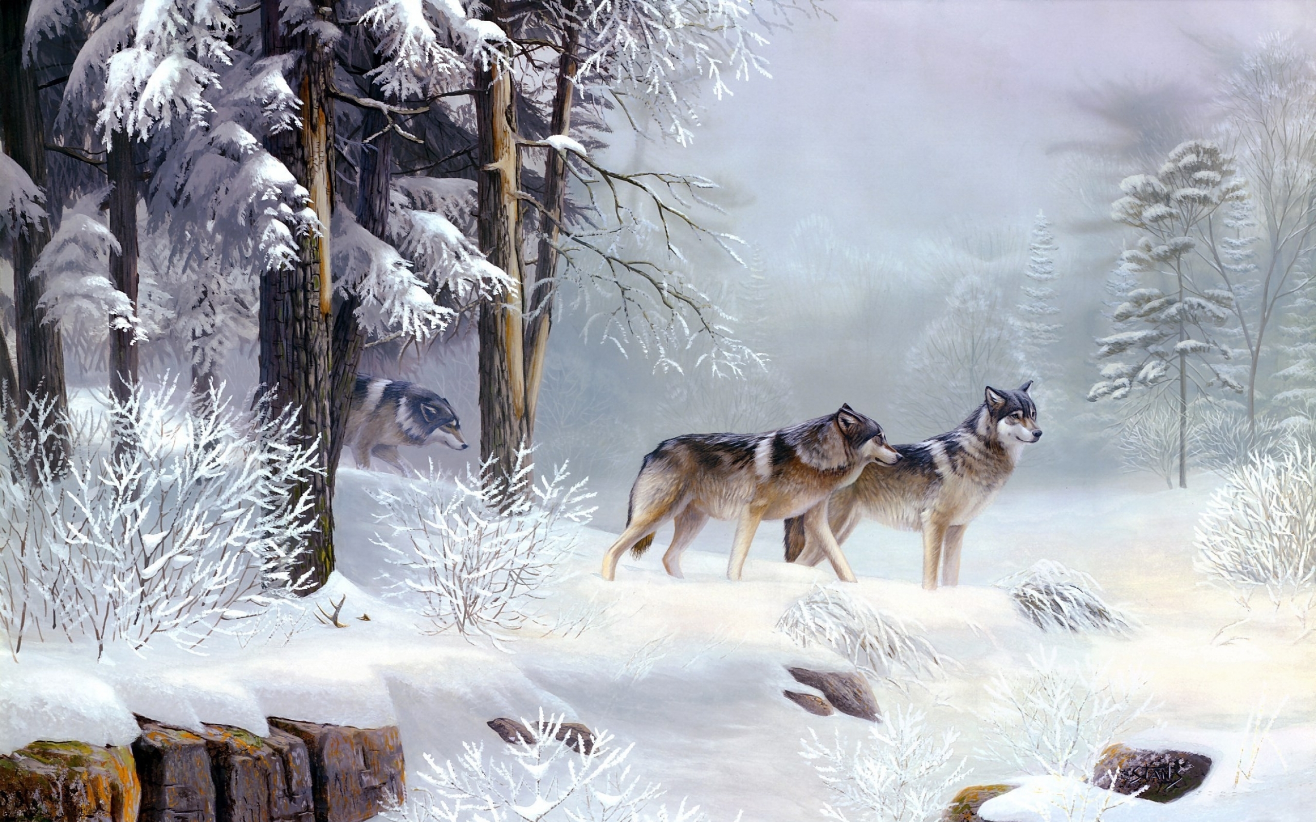 Зимний пейзаж с волками