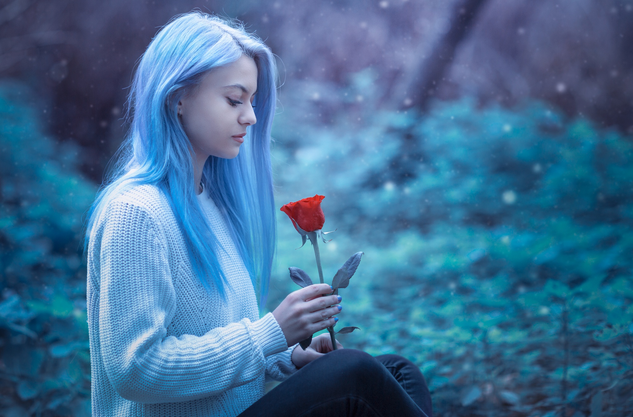 Download mobile wallpaper Mood, Model, Women, Red Rose, Blue Hair for free.