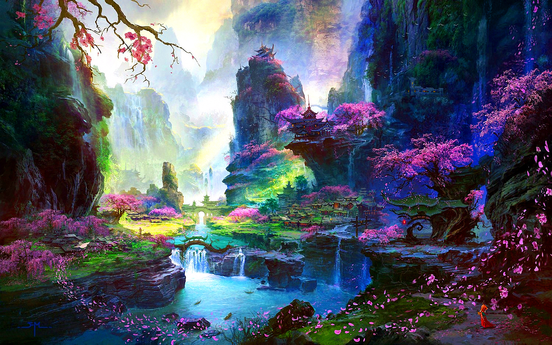 fantasy, cherry blossom, oriental, landscape, flower, petal 4K