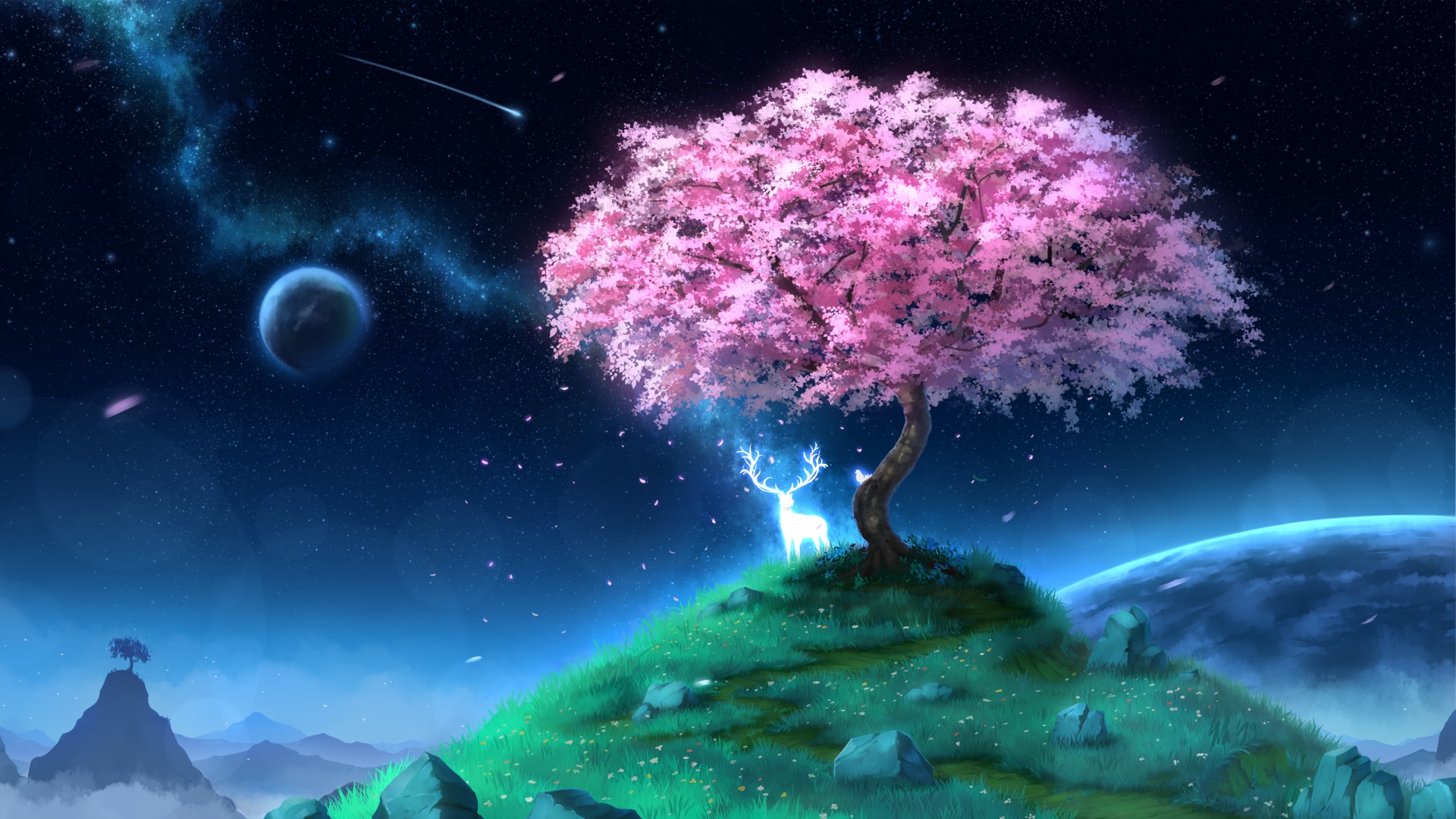 PC Wallpapers starry sky, planet, anime, tree, deer, shooting star