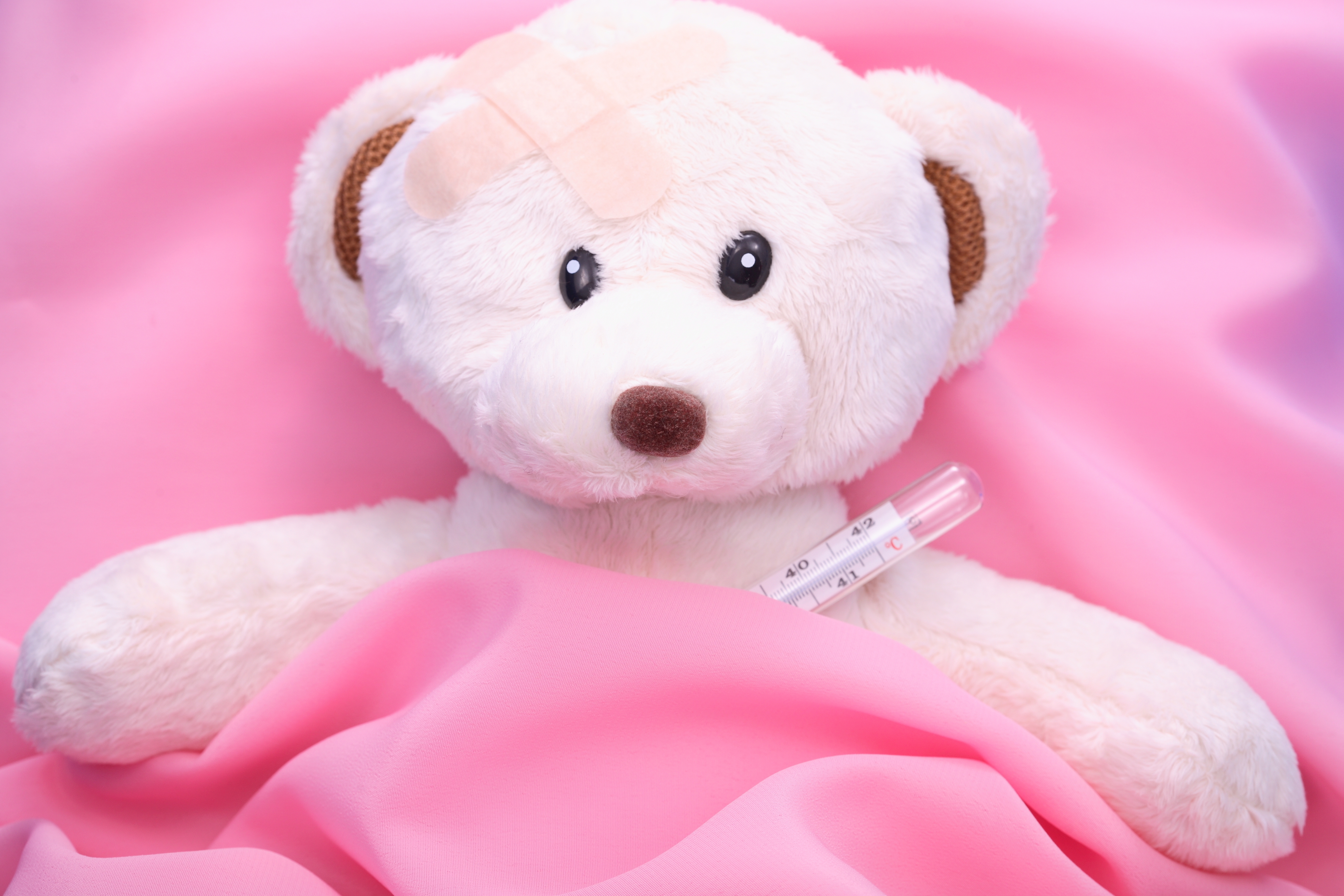 teddy bear, miscellanea, miscellaneous, toy, bed, disease, illness, plaster, patch, thermometer cell phone wallpapers