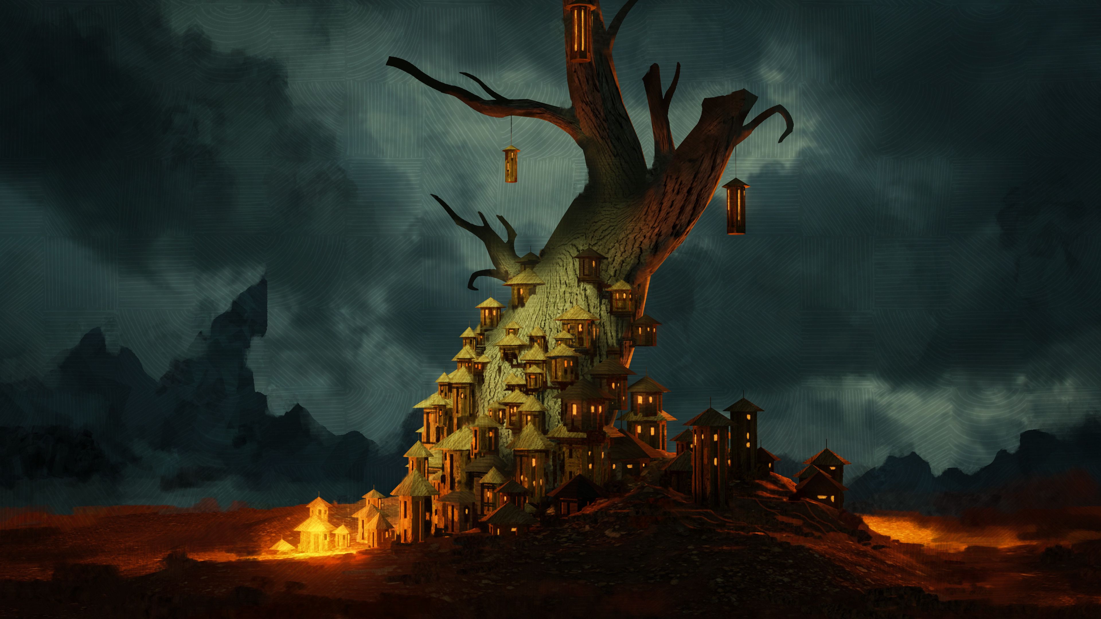 art, lanterns, fantasy, fairy tale, lights, wood, tree, story