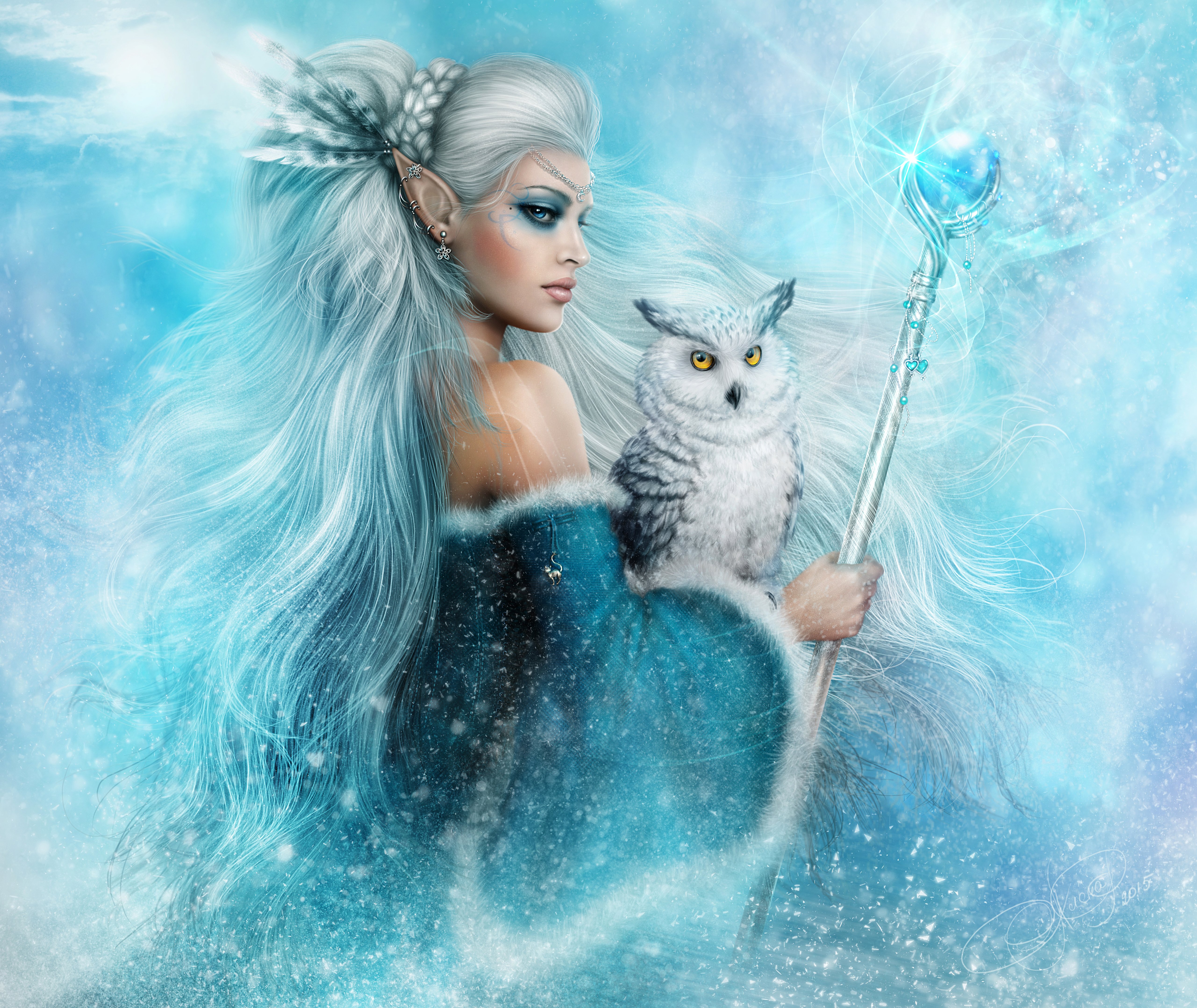 fantasy, elf, blue eyes, owl, snowy owl, staff, white hair, winter