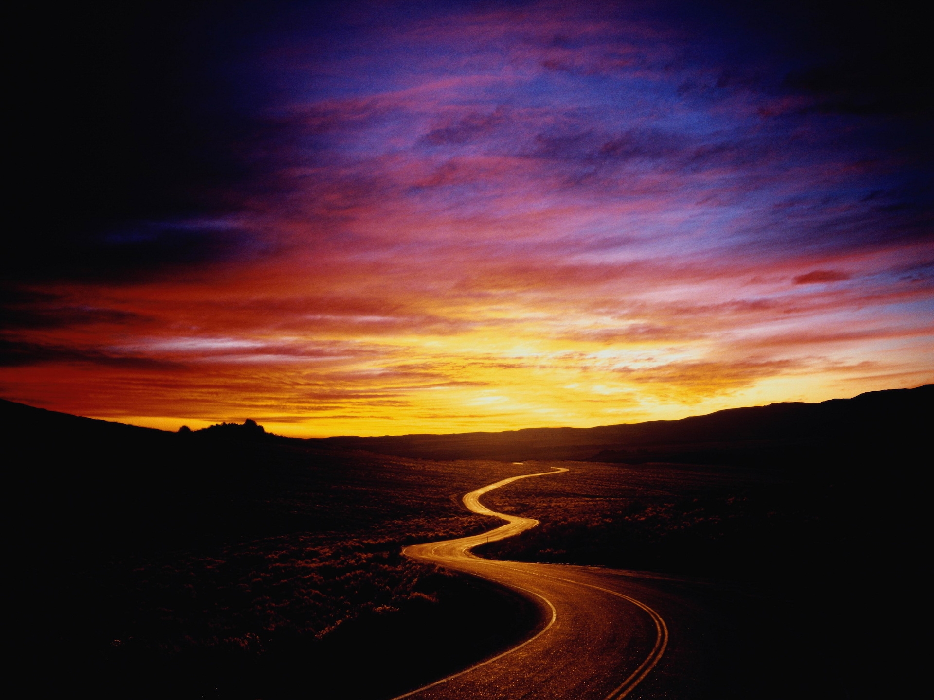 sunset, nature, sun, orange, road, path, trail, bends, way
