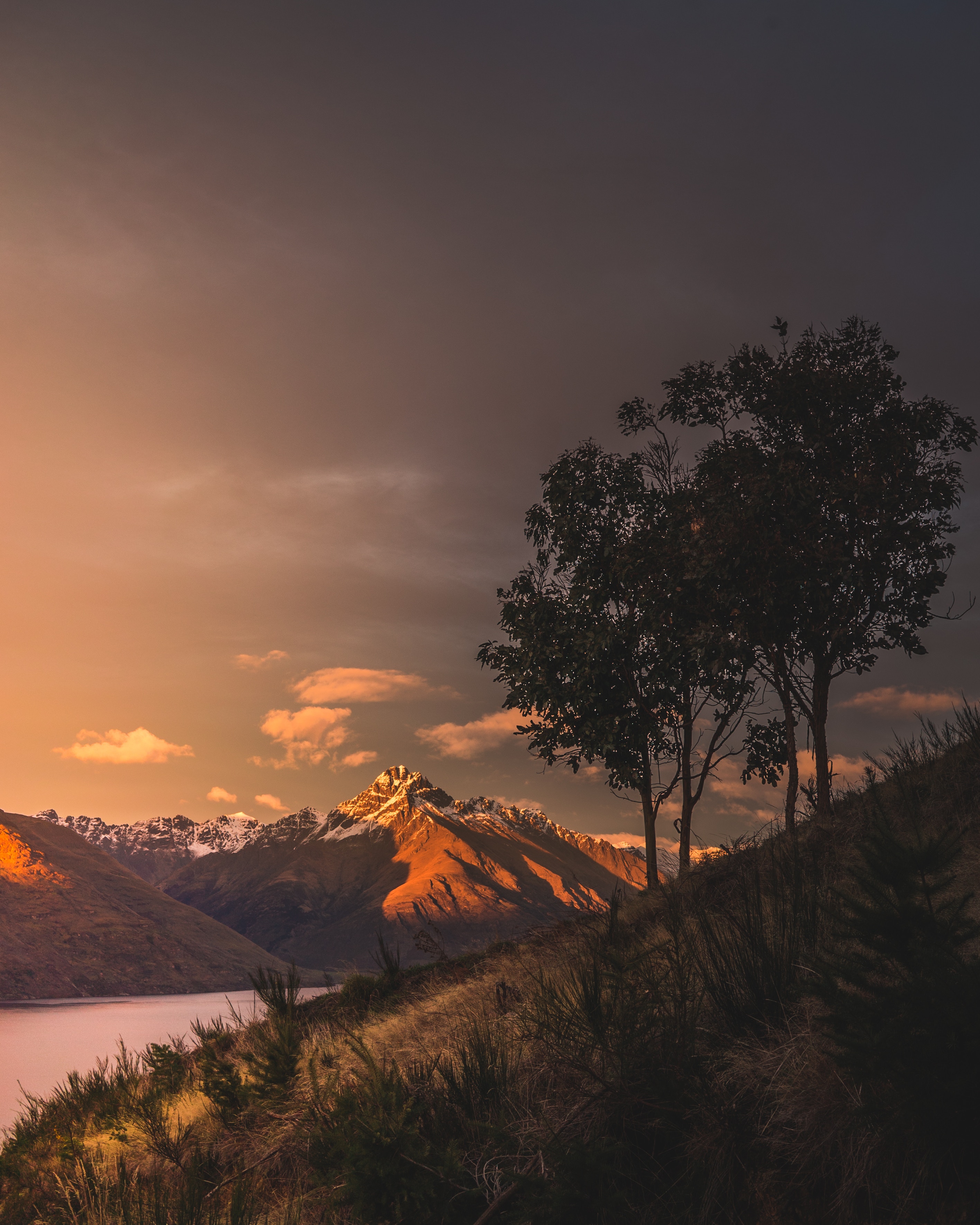 mountains, sunset, lake, nature, new zealand, grass lock screen backgrounds