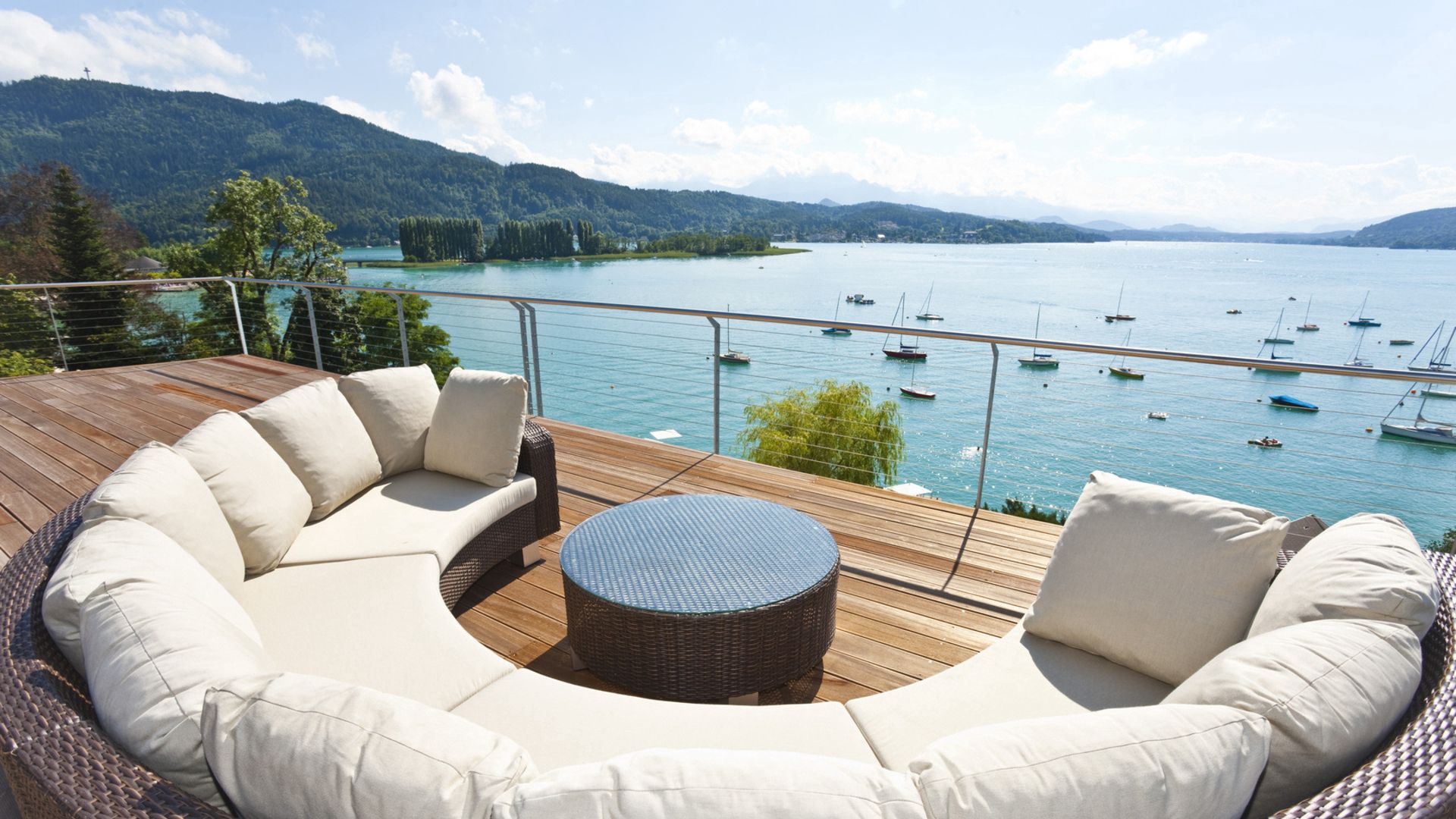 rest, balcony, mountains, lake, miscellanea, miscellaneous, relaxation, view, terrace QHD