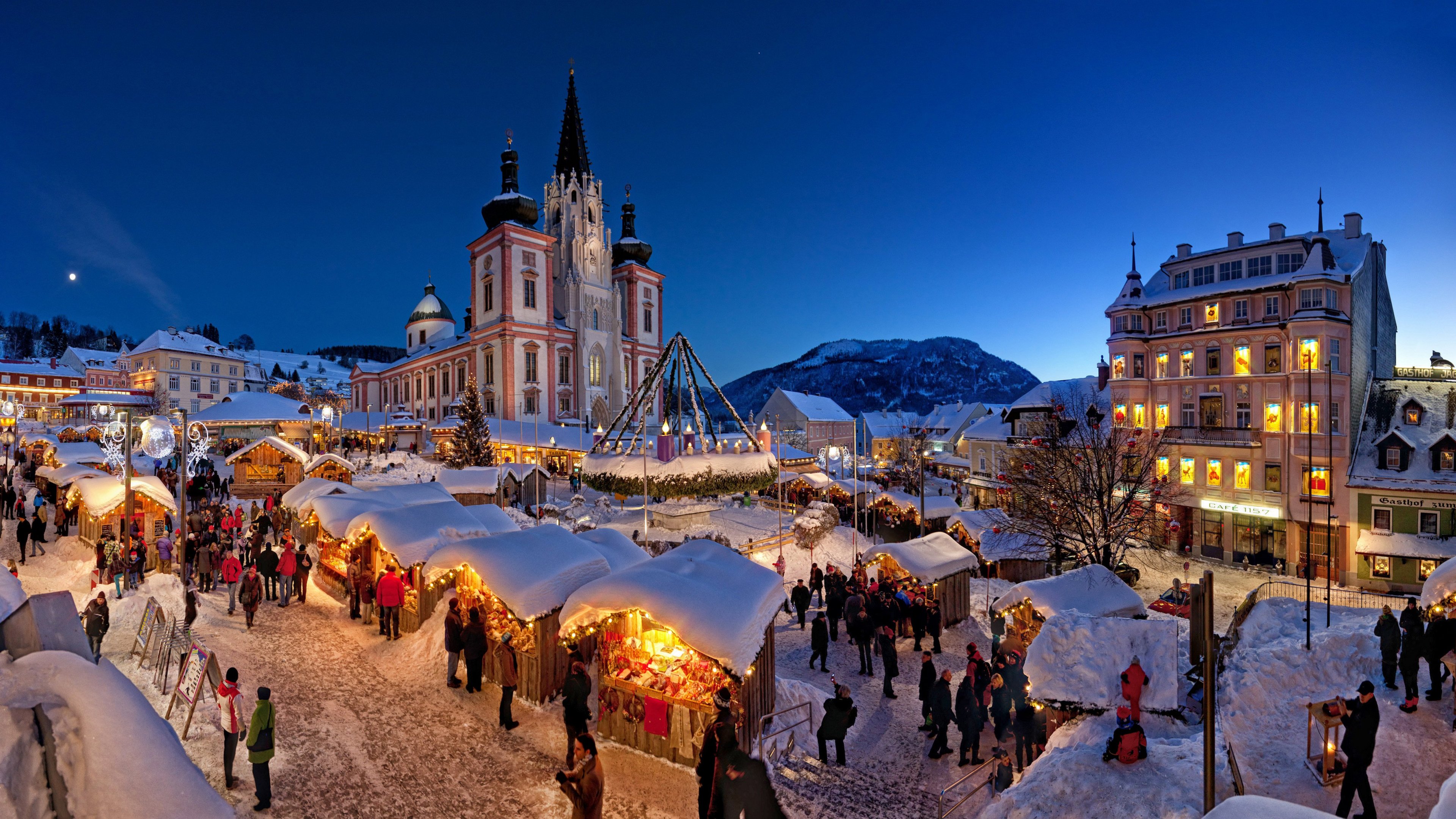 people, decoration, light, night, christmas, holiday, building, city, market, snow, square