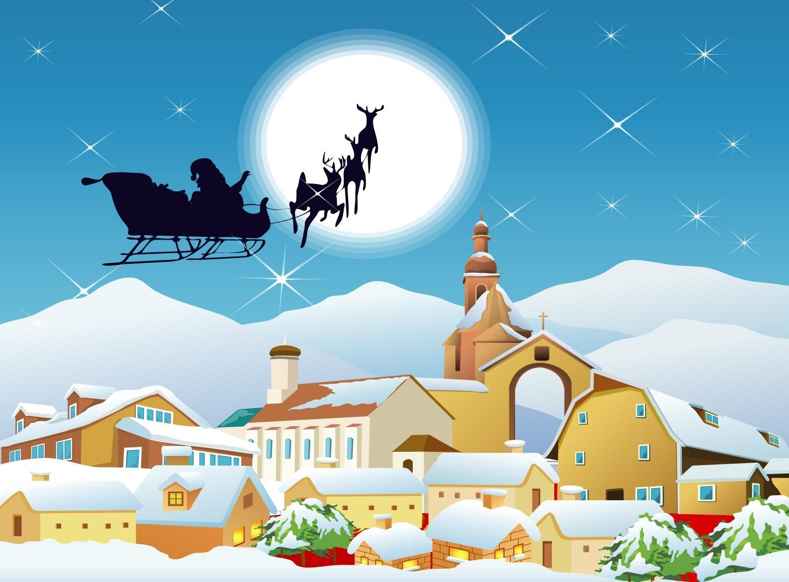 Horizontal Wallpaper holidays, houses, santa claus, moon, city, flight, sleigh, sledge