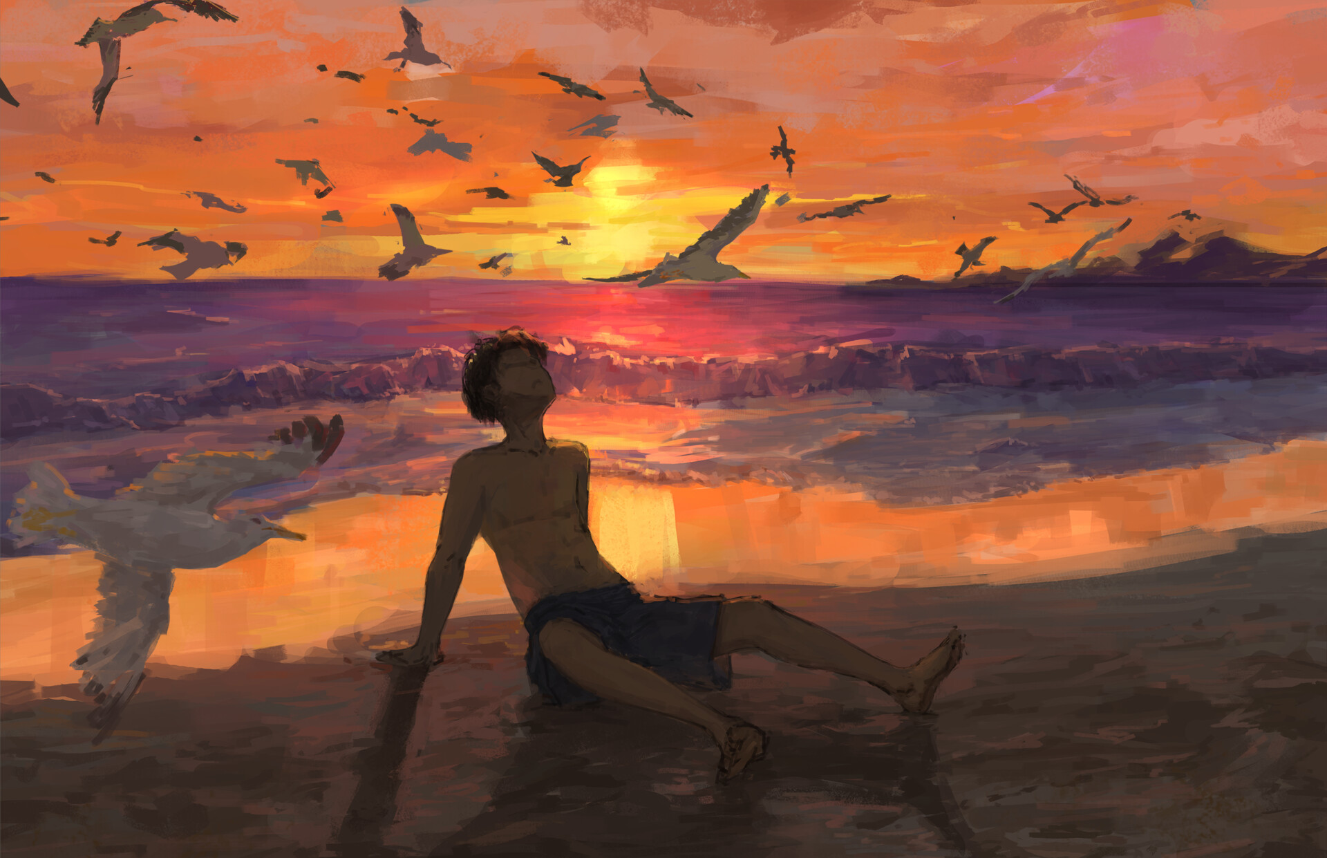HD desktop wallpaper: Anime, Landscape, Sunset, Sea, Beach, Bird, Boy  download free picture #1012321
