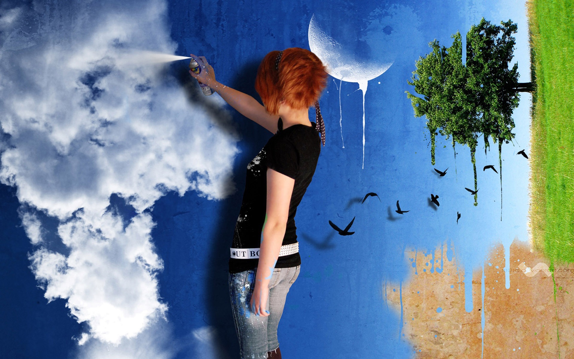 Сделать мечту реальностью. Человек творит свой мир. Девушка рисует на стене. Творческая девушка. Девушка в краске.
