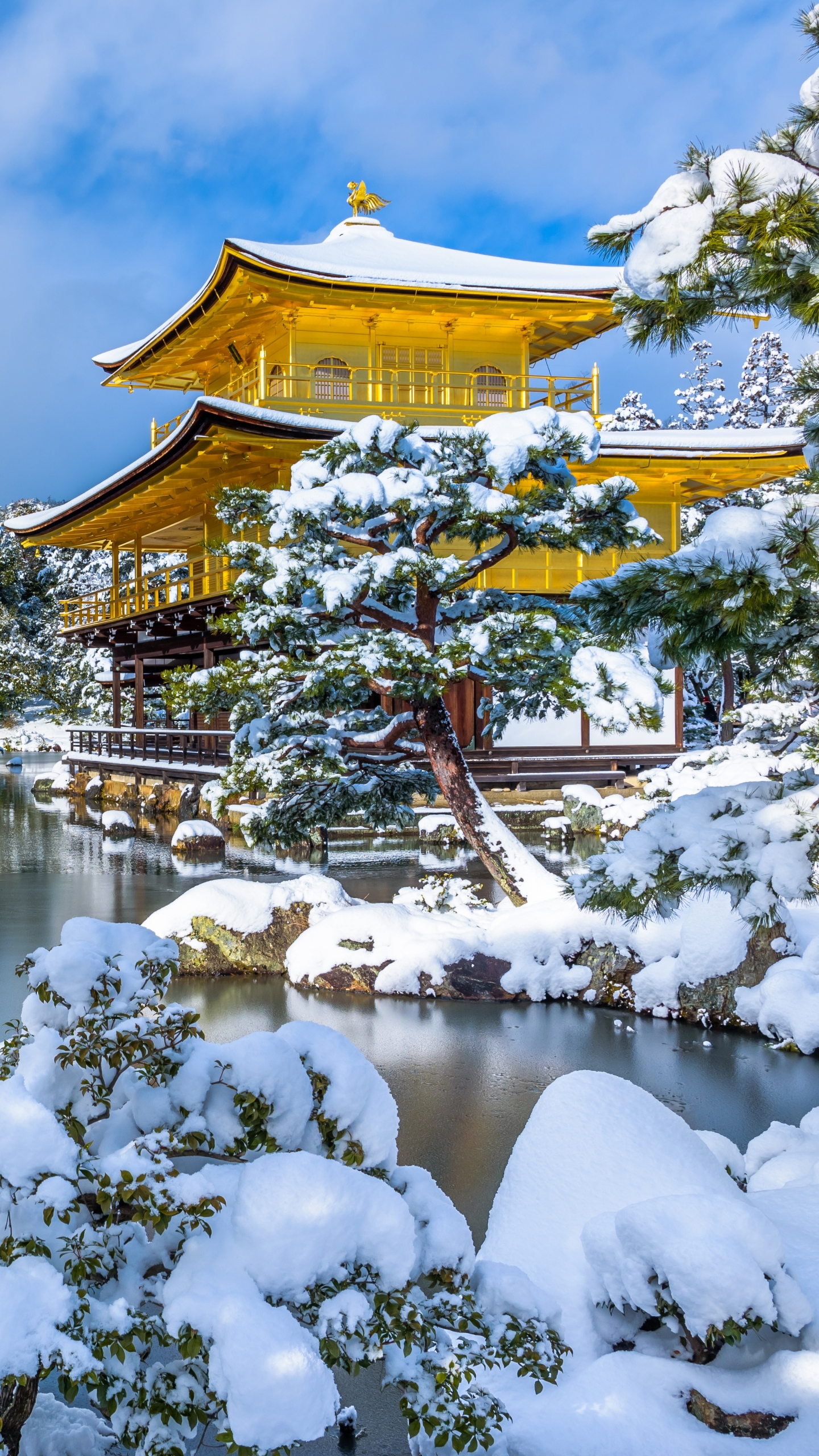 Download mobile wallpaper Winter, Snow, Lake, Pagoda, Japan, Religious for free.