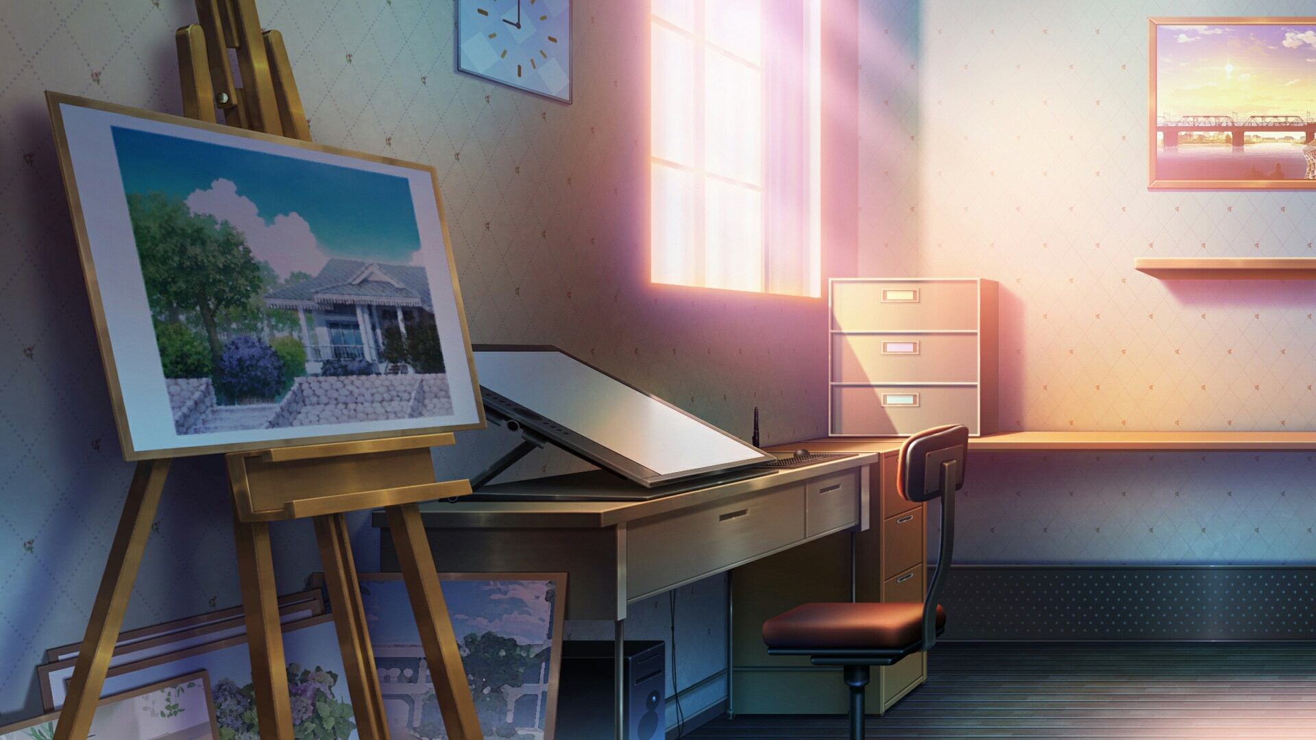 anime, room, chair, desk, sunshine, window