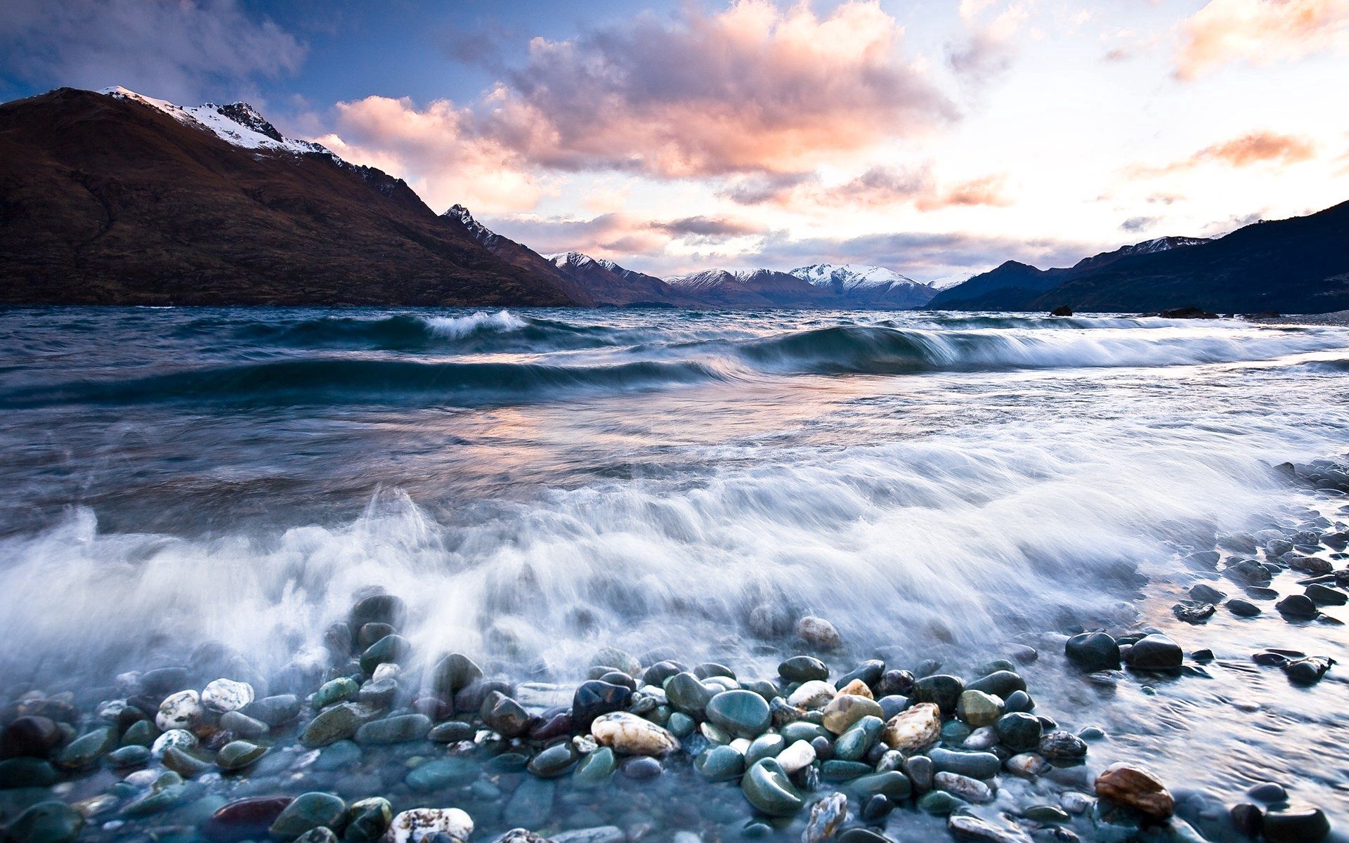 clouds, water, nature, stones, mountains, beach, foam, wave images