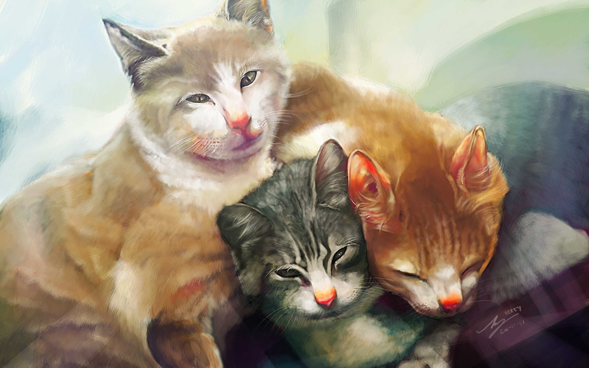 Кошка с котятами арт