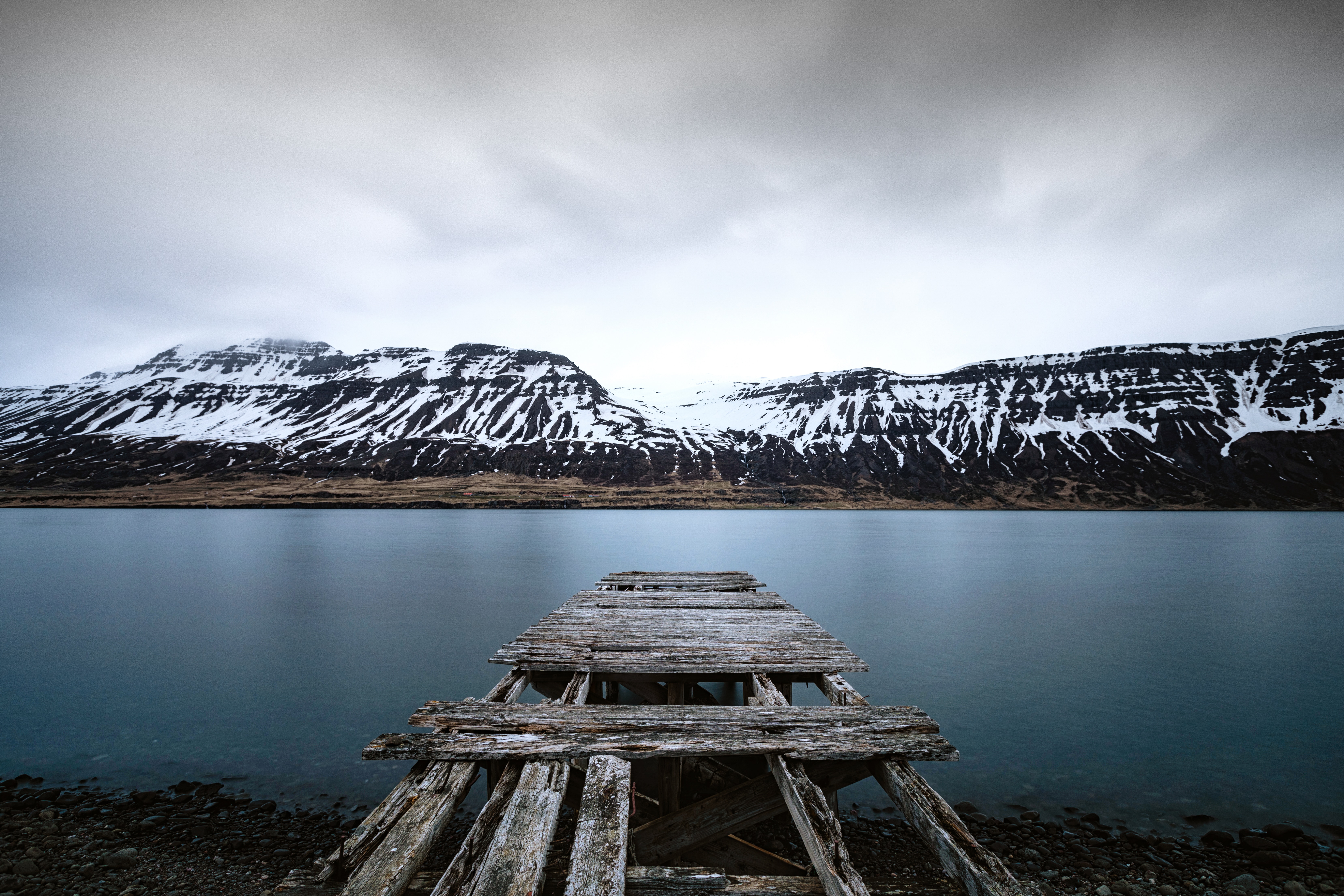 Free download wallpaper Nature, Mountains, Lake, Shore, Bank, Snow Covered, Snowbound, Pier, Landscape on your PC desktop