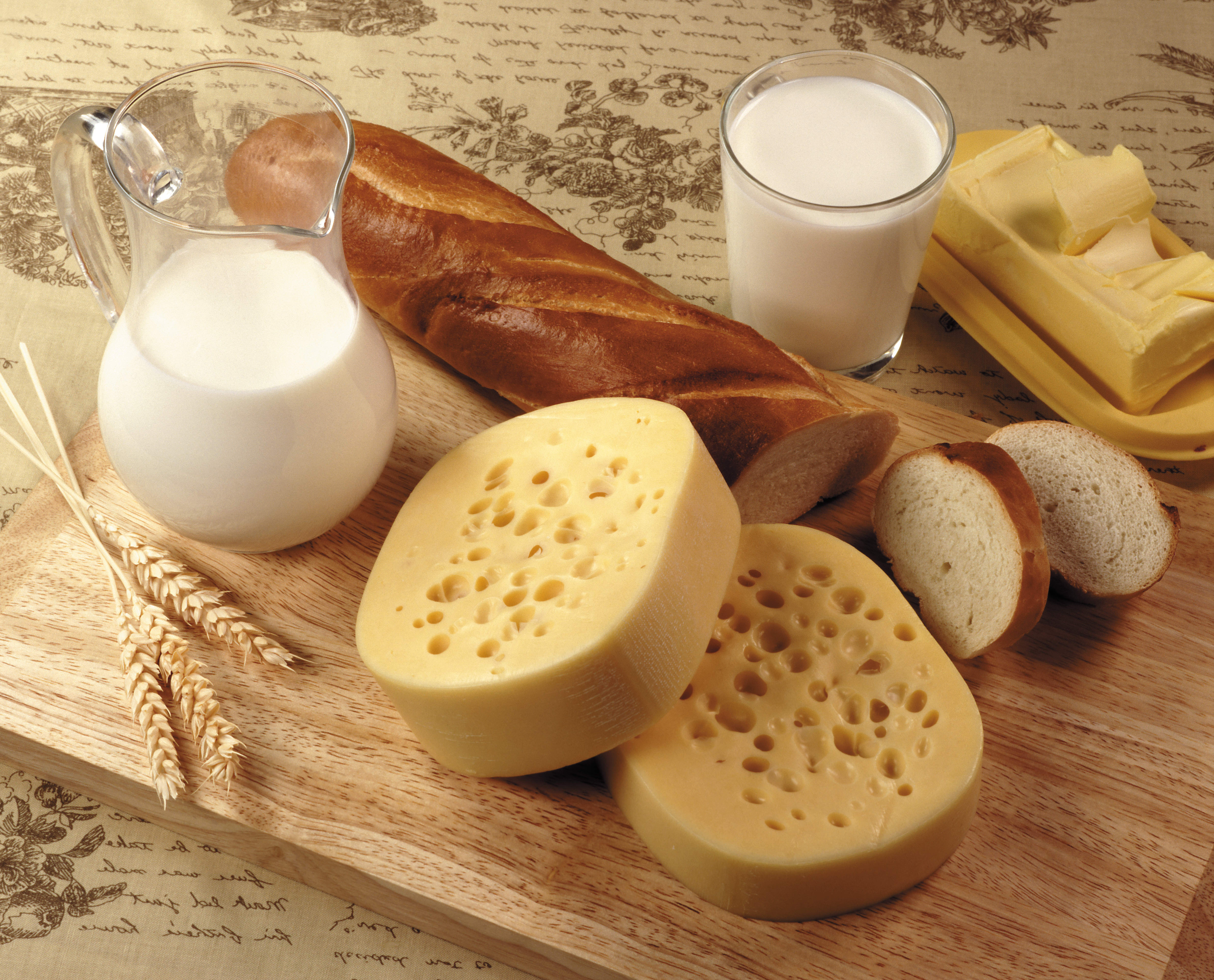 food, still life, bread, butter, cheese, milk QHD