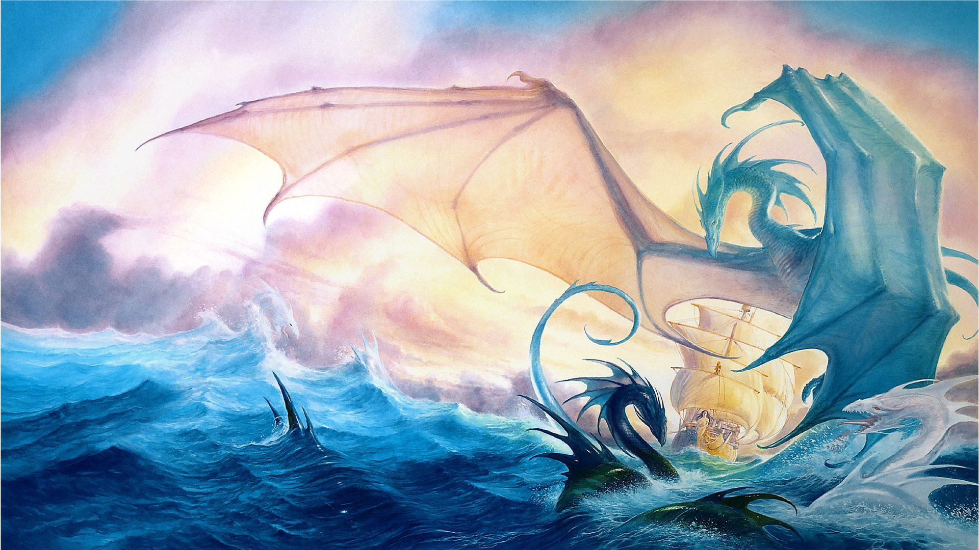 Download PC Wallpaper sea, dragons, fantasy, waves, ship