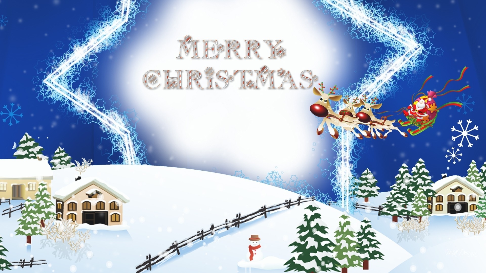 holiday, christmas, house, merry christmas, reindeer, santa claus, sleigh, snow, snowman