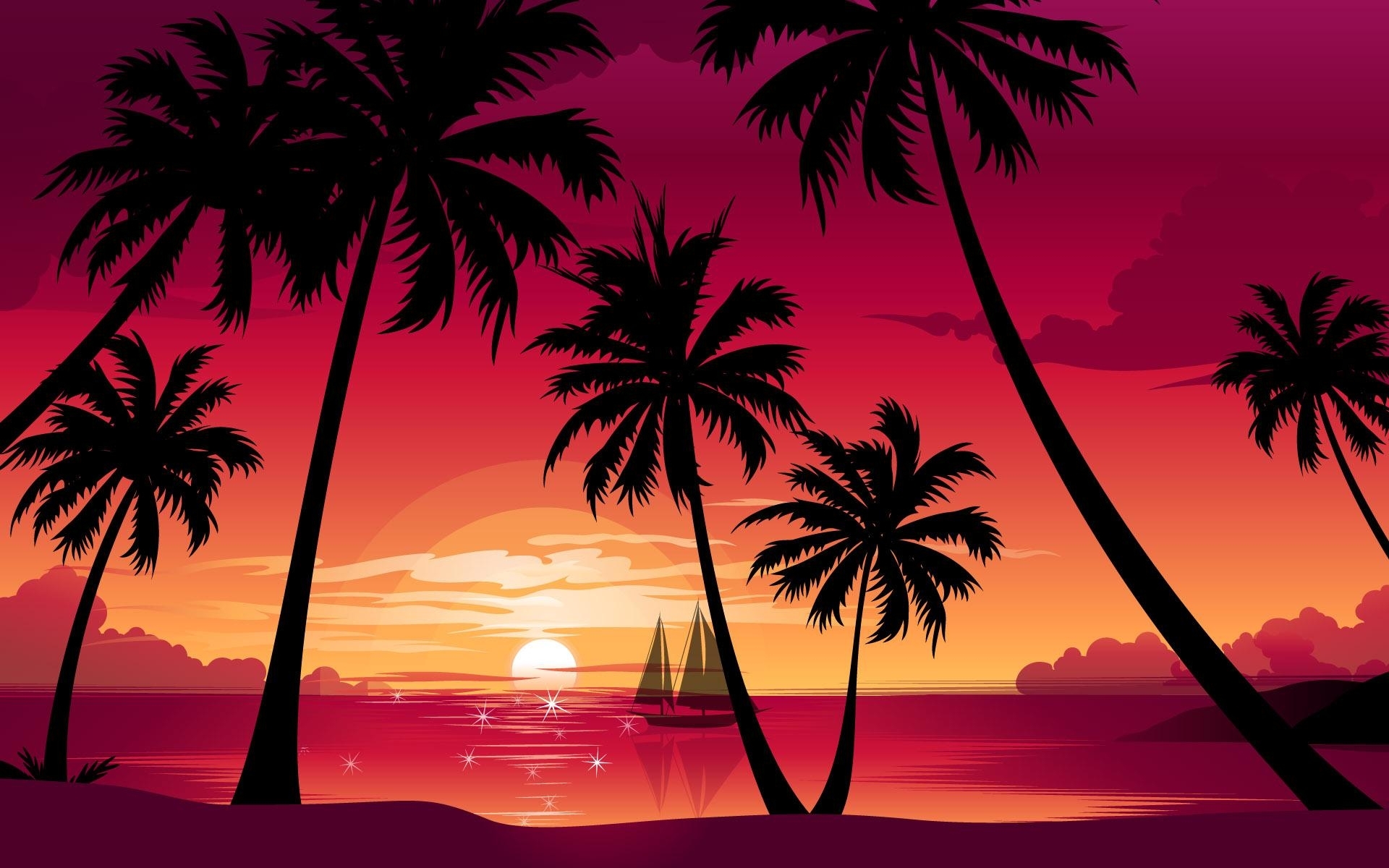pictures, palms, sunset, red, landscape