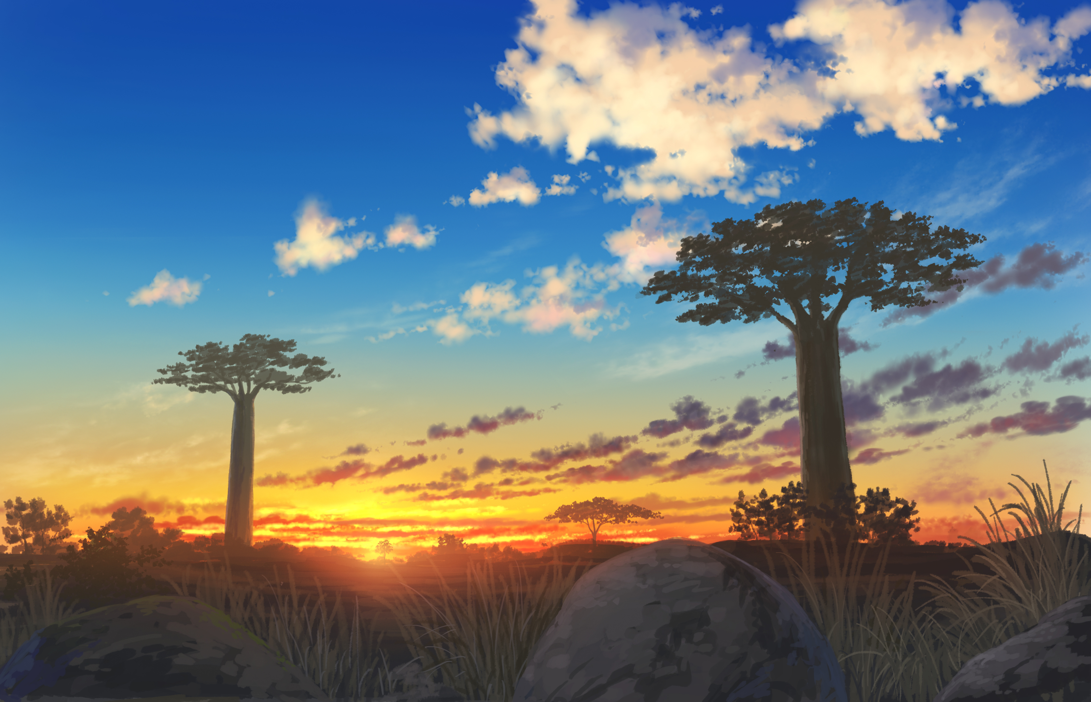 Free download wallpaper Anime, Sunset, Sky, Tree on your PC desktop