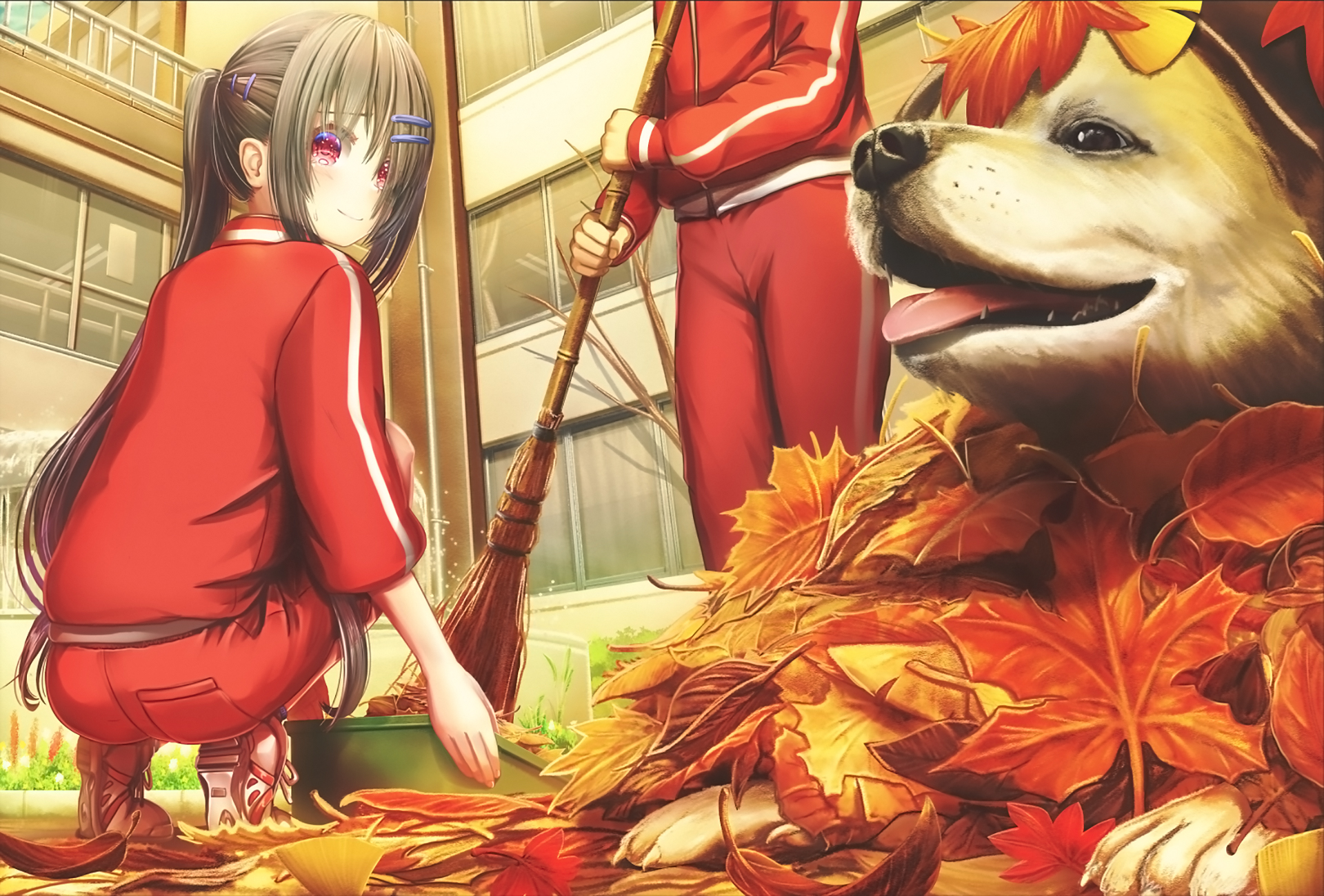 anime, original, broom, cute, dog, leaf, red eyes, schoolgirl