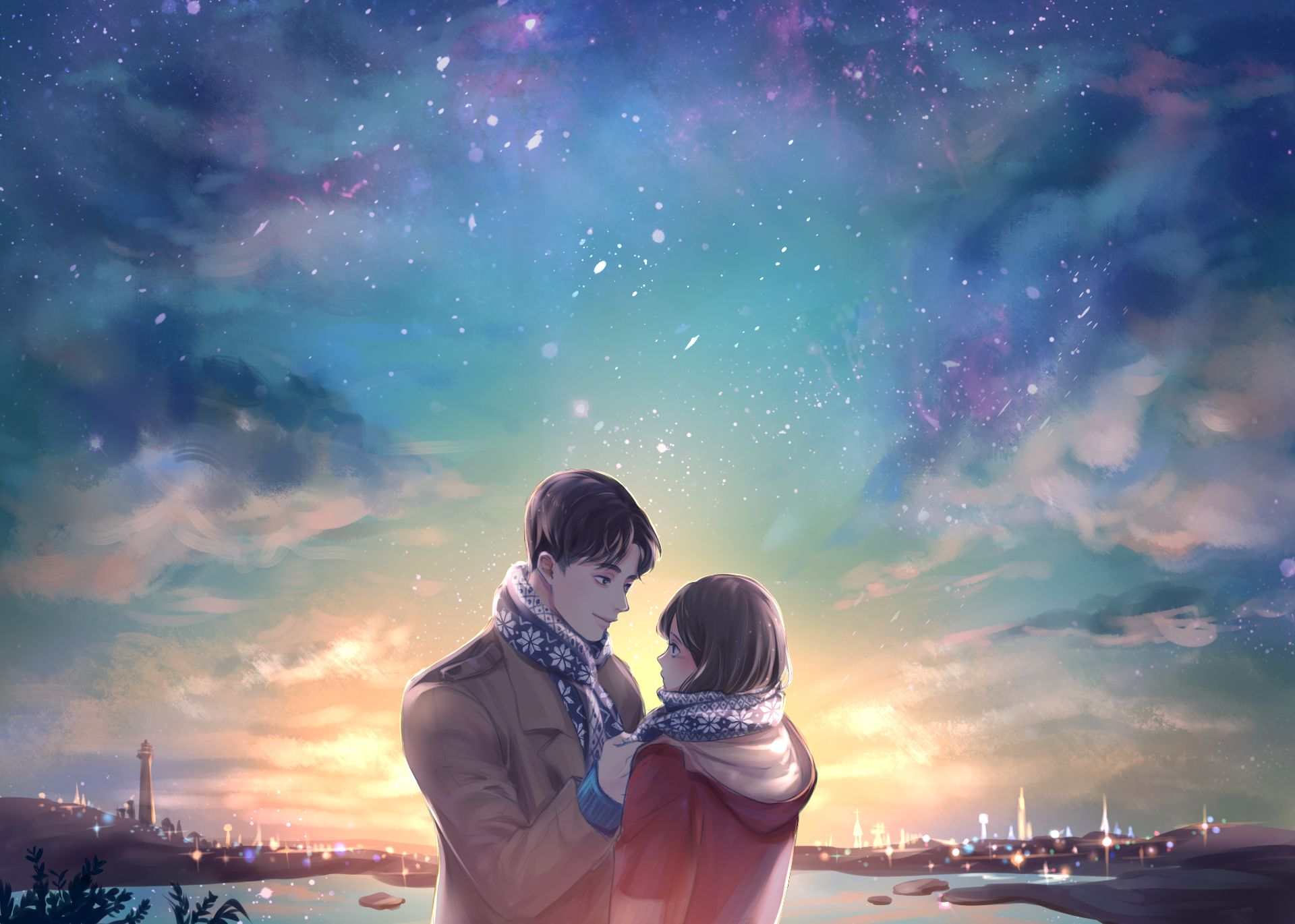 Download Anime Couple Kiss Under Starry Night Sky Wallpaper