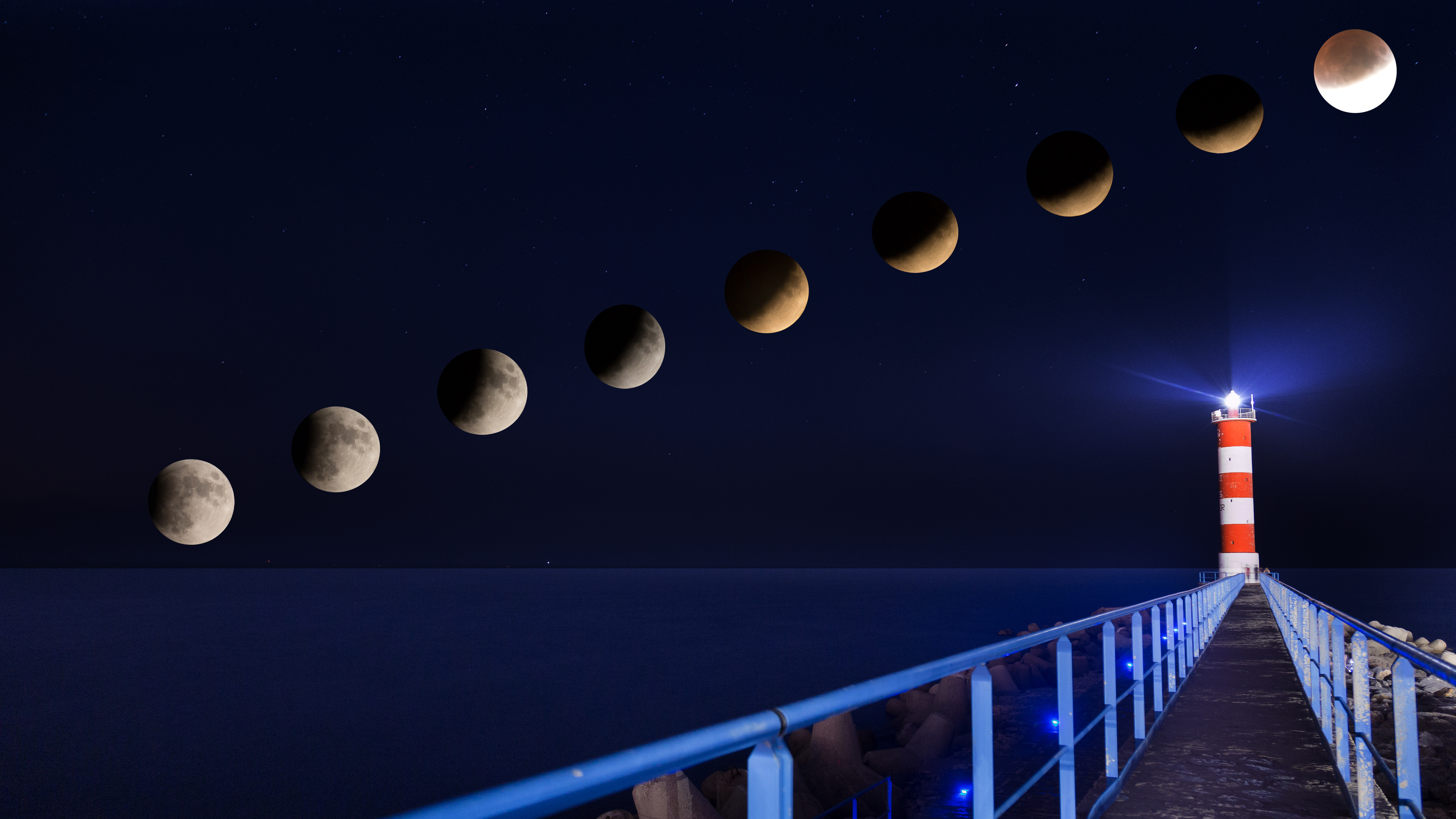 Download mobile wallpaper Nature, Eclipse, Pier, Lighthouse, Night, Moon for free.
