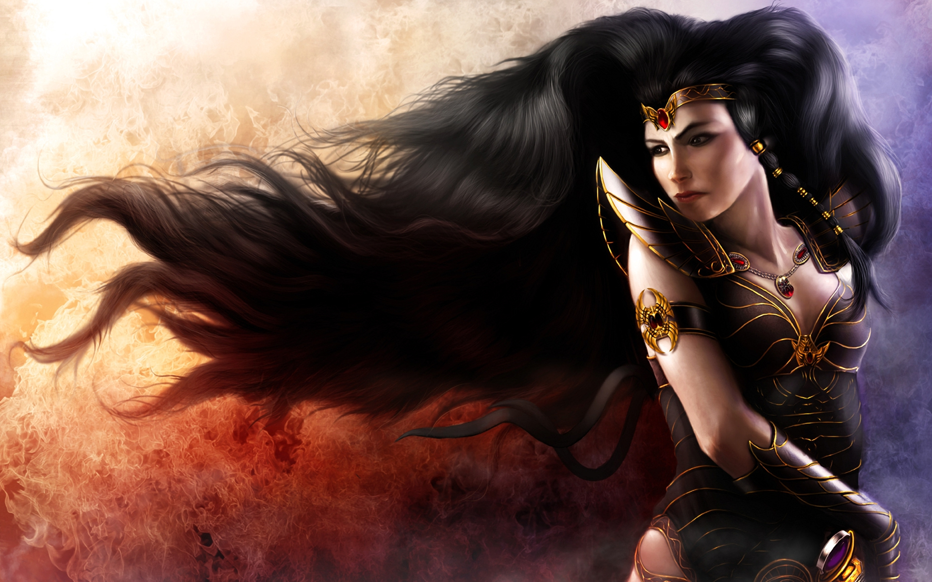 fantasy, women warrior, armor, black hair, headband, long hair, sword, woman warrior 1080p