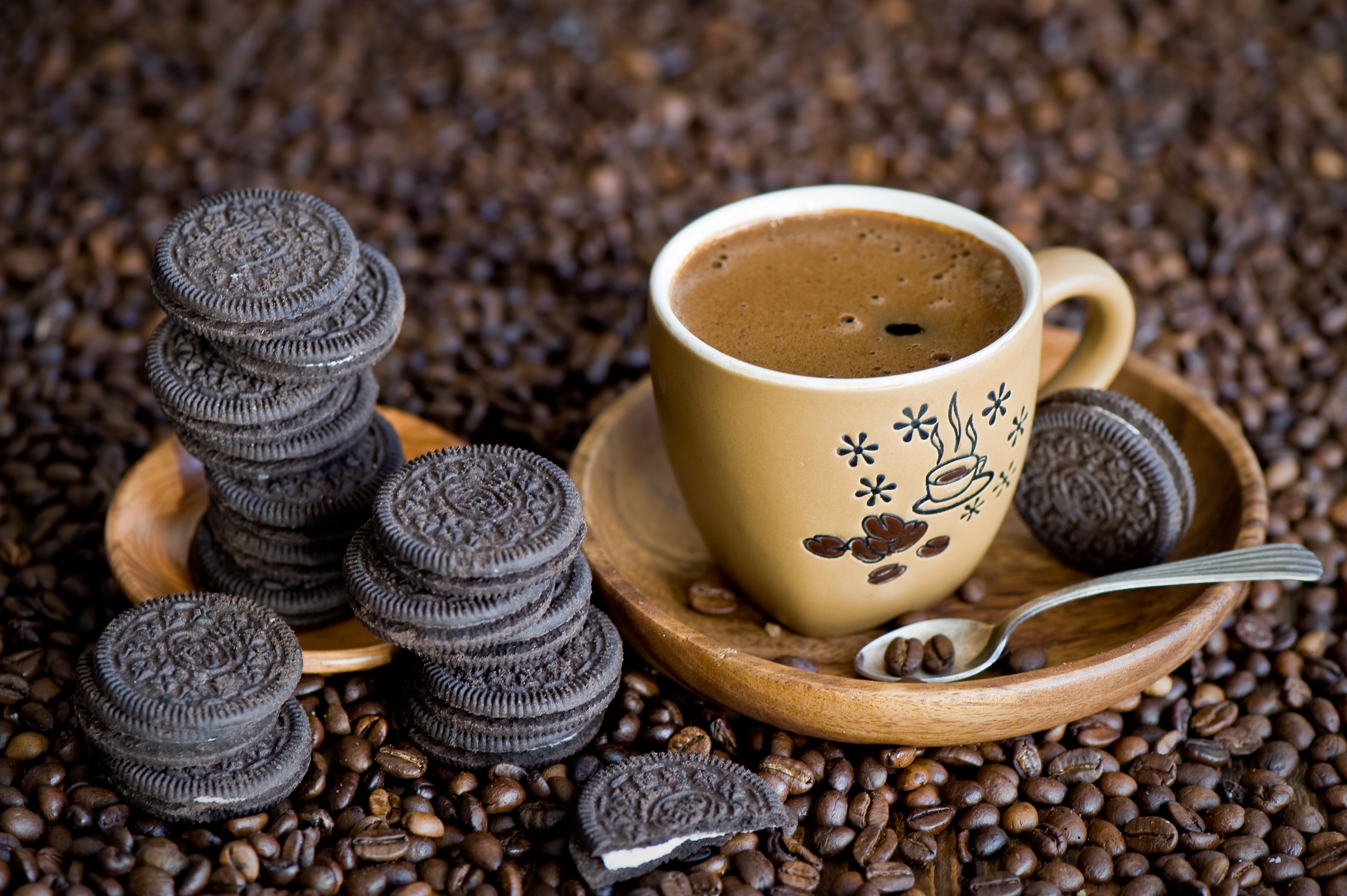 oreo, food, coffee, coffee beans, cookie, cup lock screen backgrounds