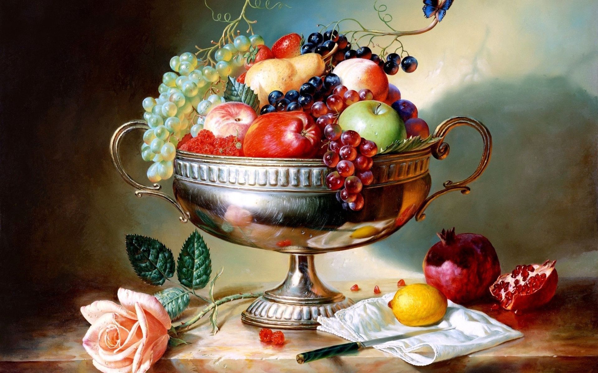 vase, fruits, apples, food, grapes, garnet, pomegranate UHD