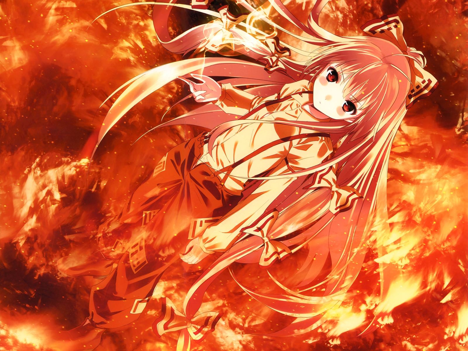 anime, touhou, fire, flame, fujiwara no mokou, red eyes, shrine maiden 32K