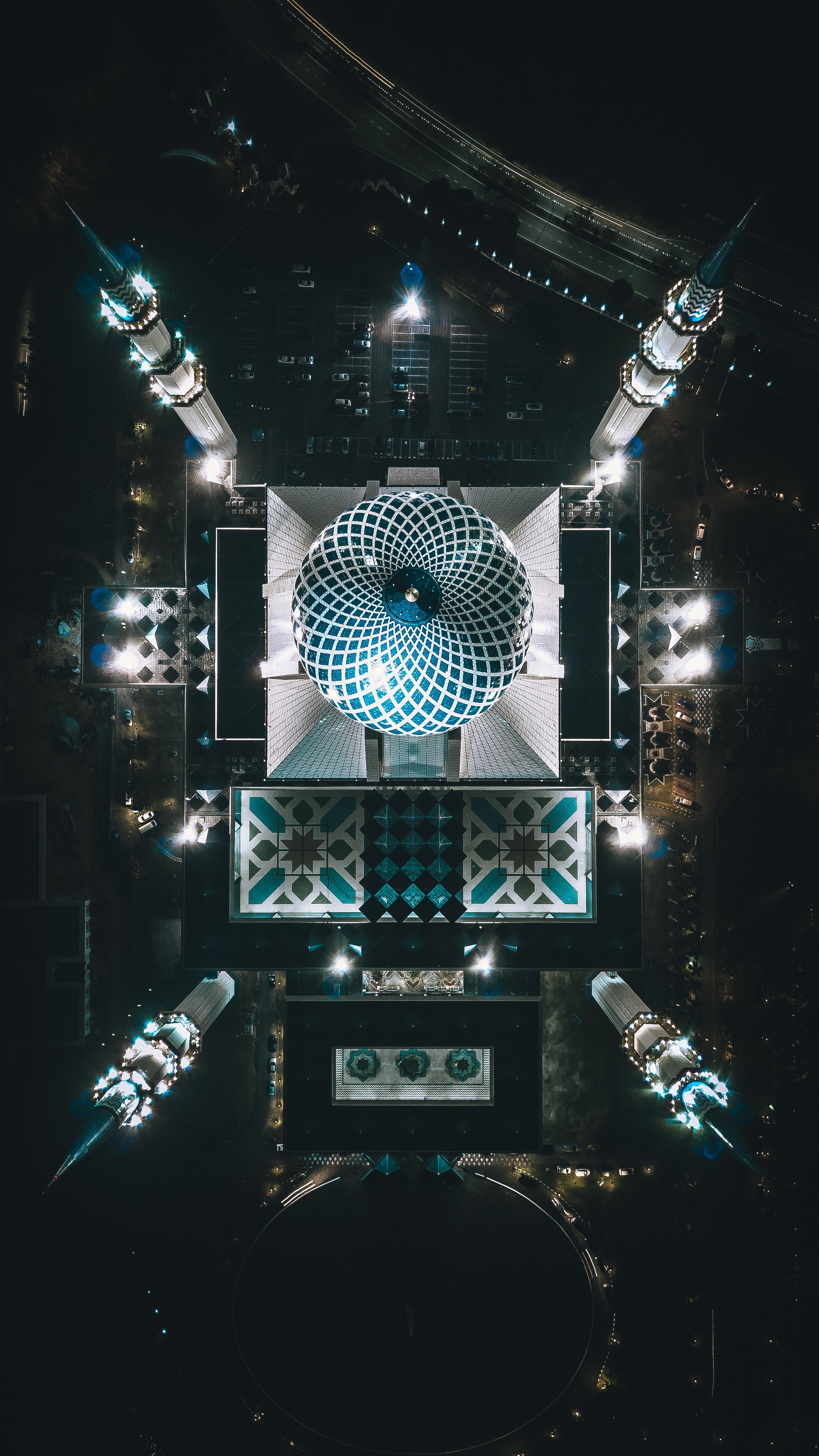 mosque, cities, night, architecture, view from above, malaysia, shah alam 8K
