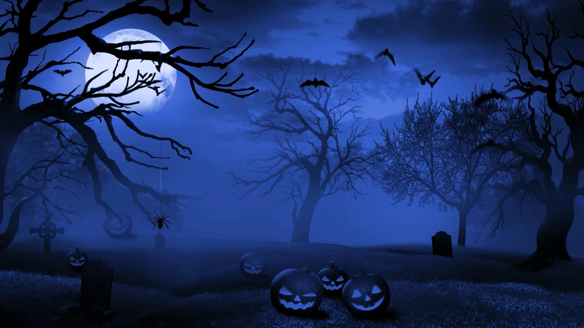 blue, bat, holiday, halloween, graveyard, jack o' lantern, moon, night, spider